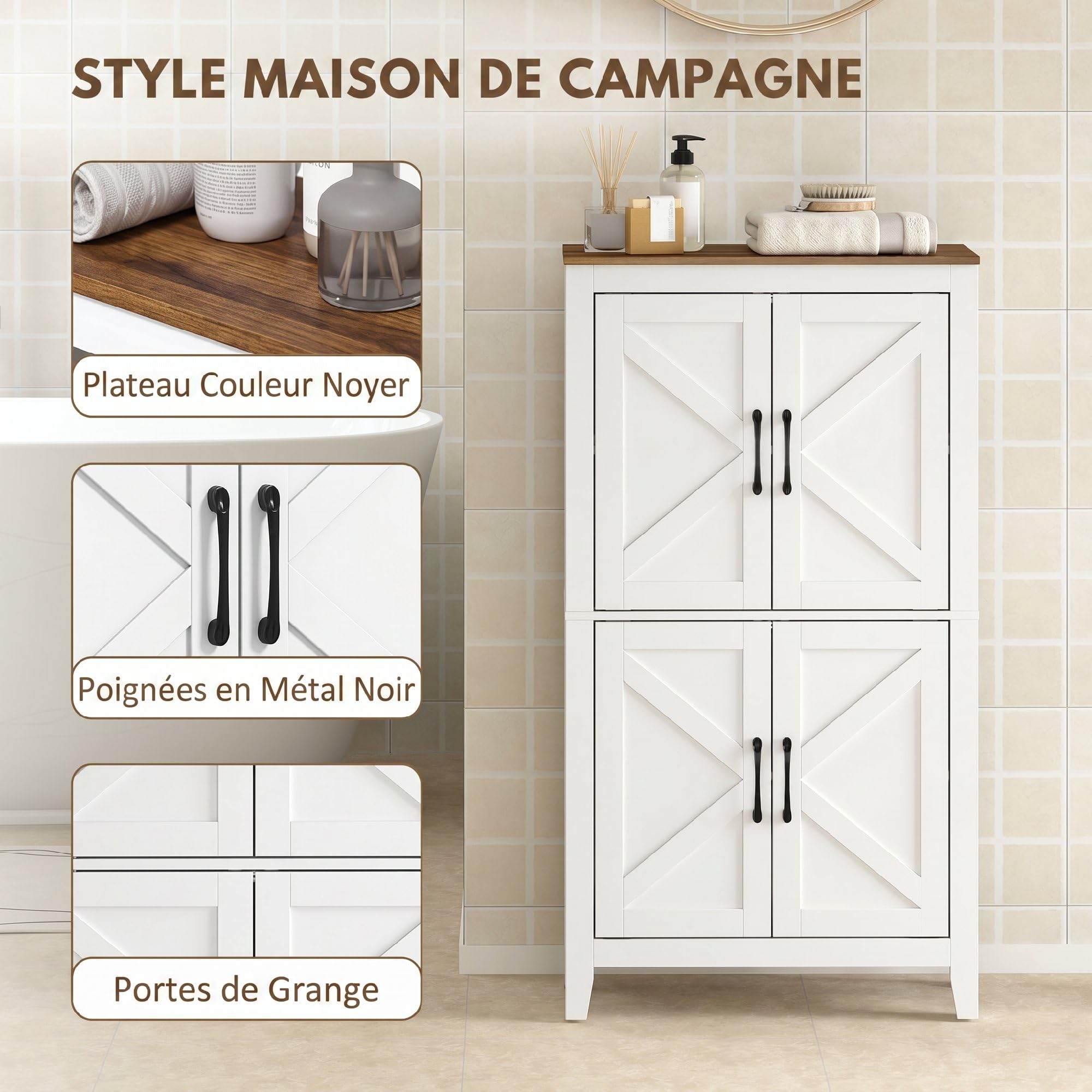 HOMCOM Armadio da bagno a pavimento, stile fattoria, bianco