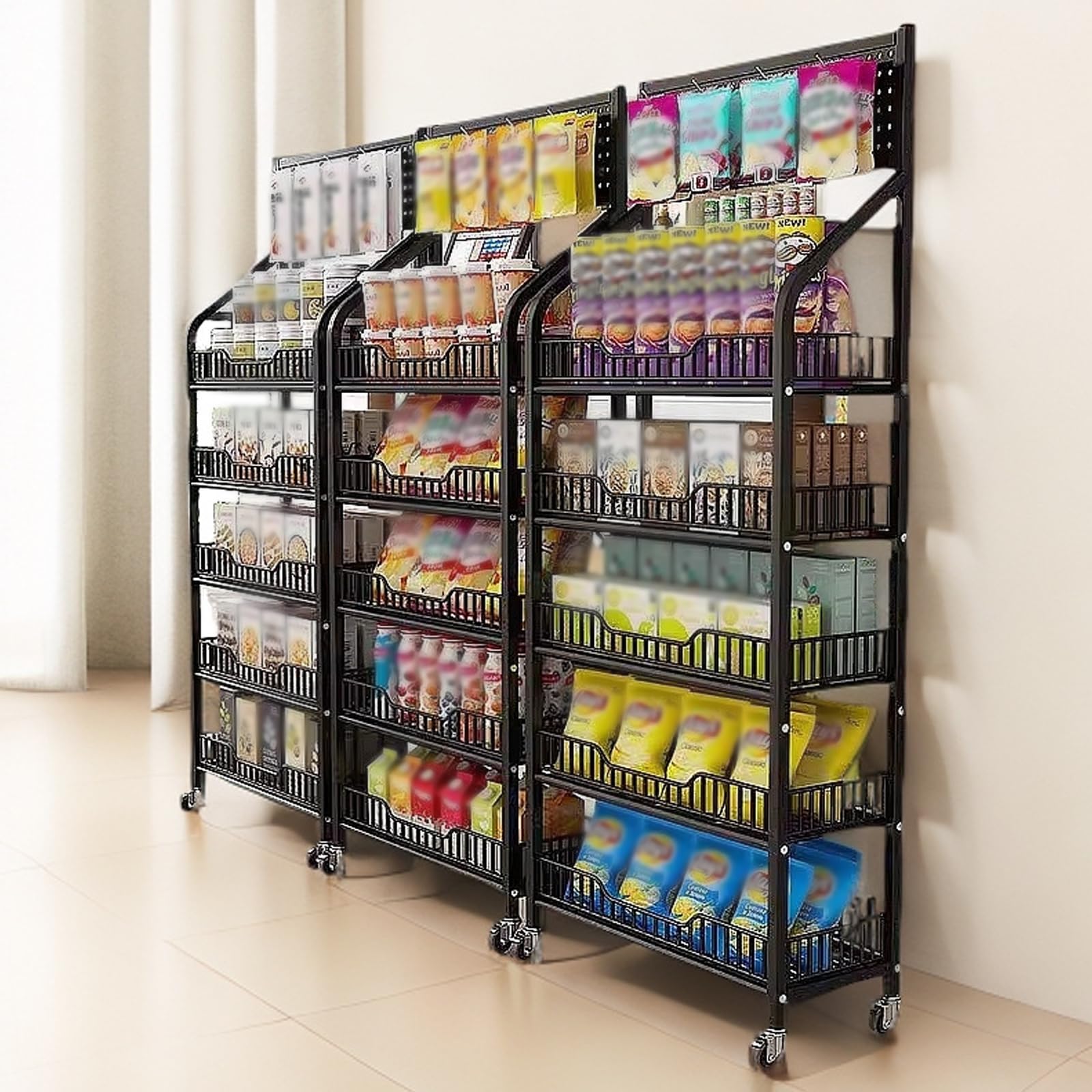 Snack-Regal im Supermarkt,Süßigkeiten-Ausstellungsständer für den Einzelhandel,Gitterregal,Klappbares Regal mit Rollen,Snackregal mit 5 Ebenen,Einzelhandelsständer,für Einzelhandel,Küche,Büro,.