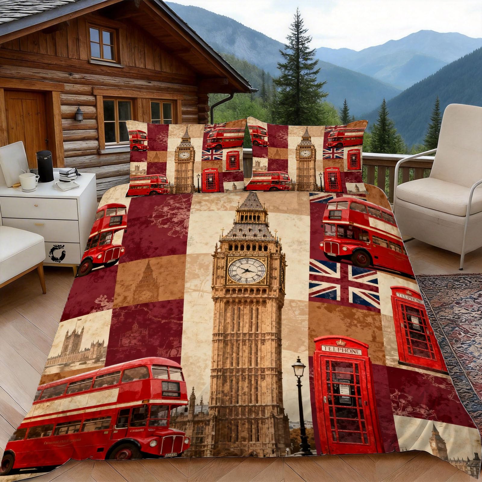 Housse de couette 240 x 260 monument britannique vintage pour lit 2 personnes