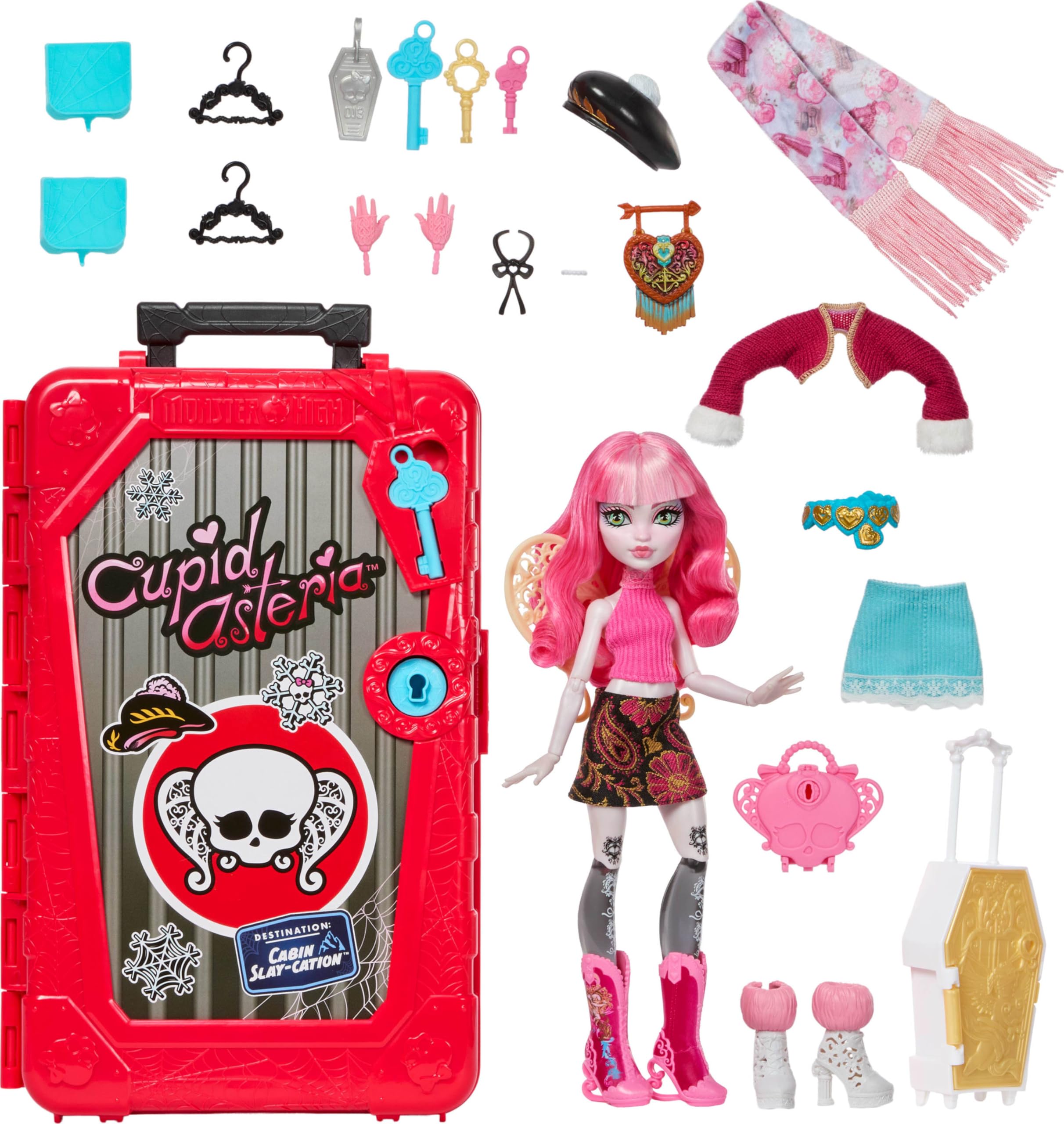 Monster High Skulltimate Secrets Cupid Asteria-Puppe und Zubehörset, Destination: Hütten-Gruselurlaub mit Koffer und über 19 Überraschungen wie Kleidung, JMG66