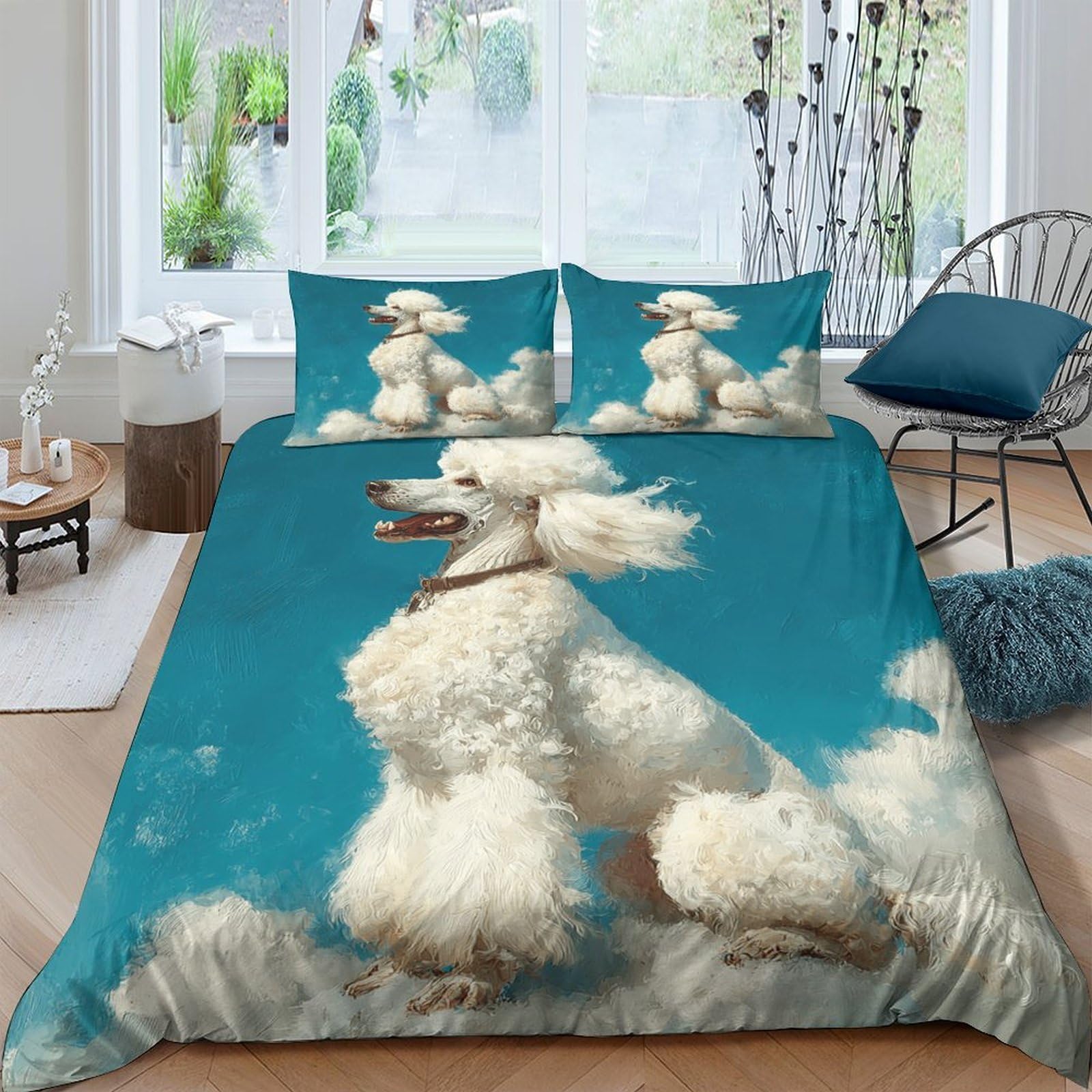 Ctjqhvkz Style-6 3D Printed White Poodle Fitted Sheet Microfiber Soft Animal Sky Blue Bed Cover For Bedroom Dorm Mattress Protection Decor Single（135X200cm）