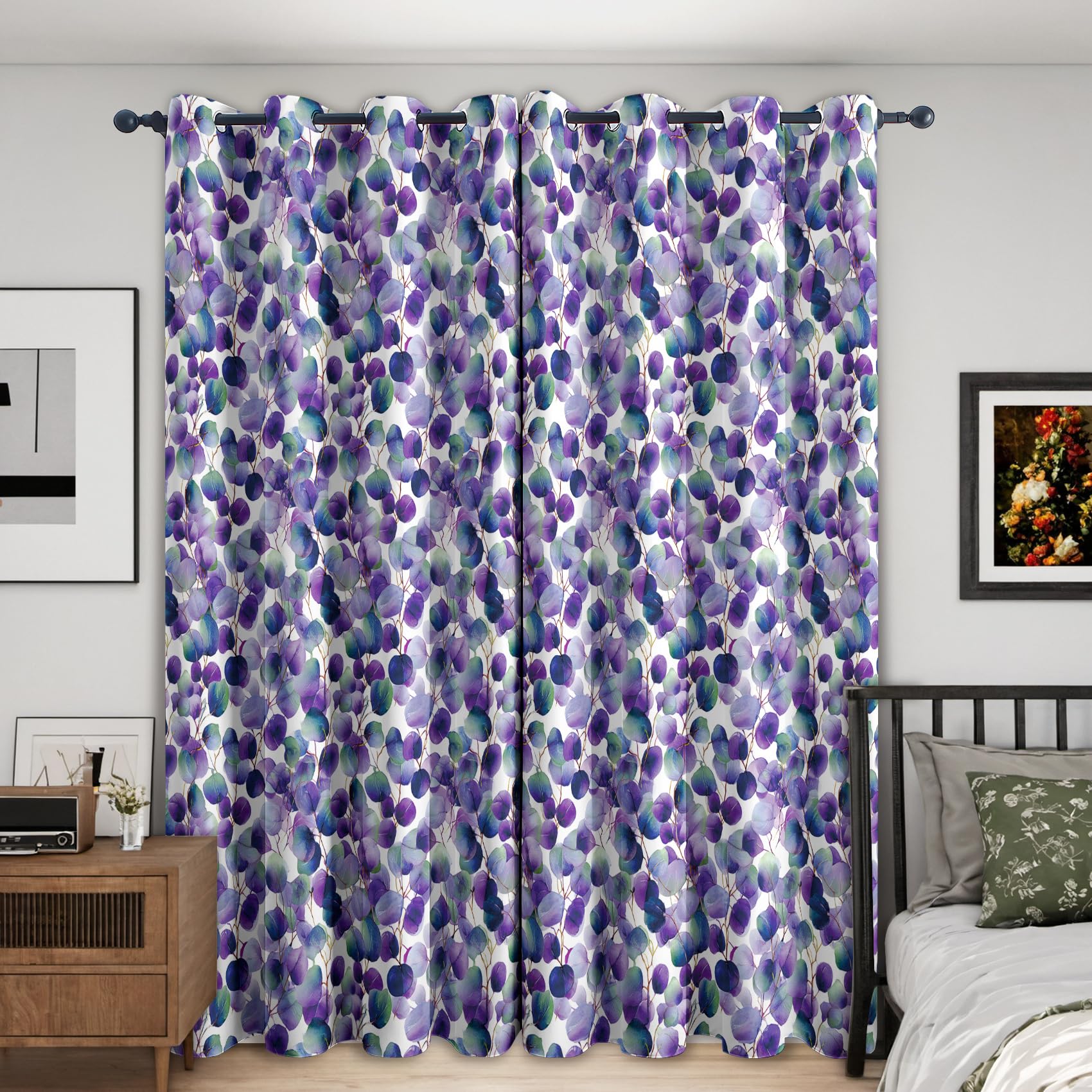 Draperies intérieures feuilles eucalyptus violettes finitions œillets