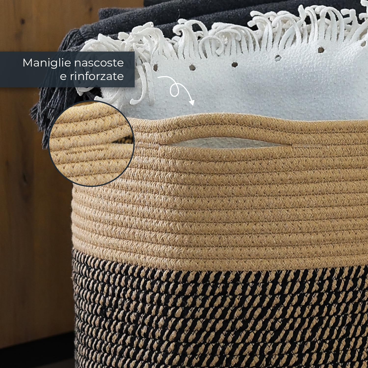 HMF Cesto portaoggetti con manici nascosti, cesto rotondo adatto per Kallax | 31 x 31 cm | Nero-Miele