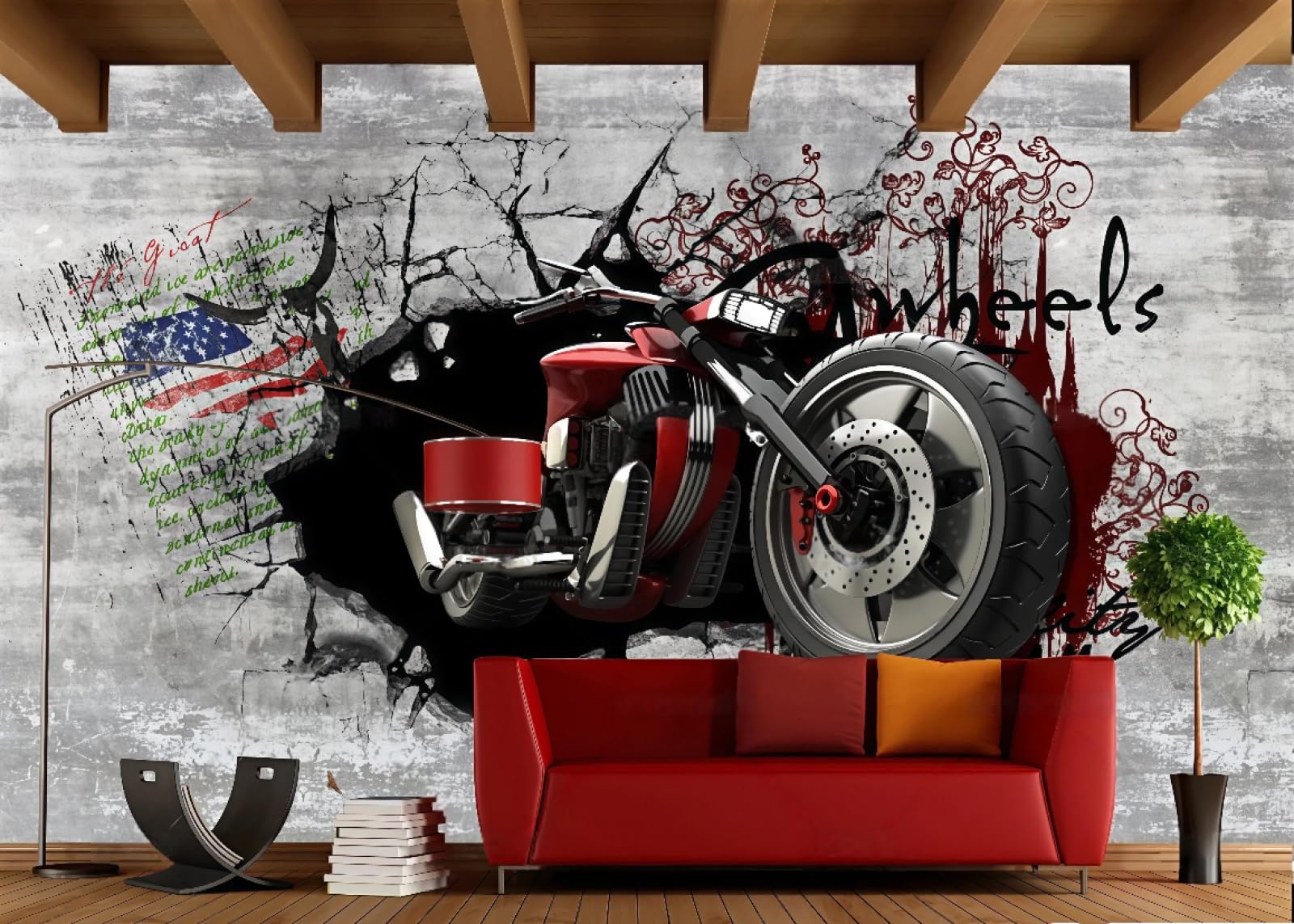 rskjdghshd Wallpaper Retro Nostalgic Cement Wall Three-Dimensional Motorcycle Through Wall Bar Dining Background Western Restaurant Wallpaper Drink Cafe Mural,3D,150x105cm