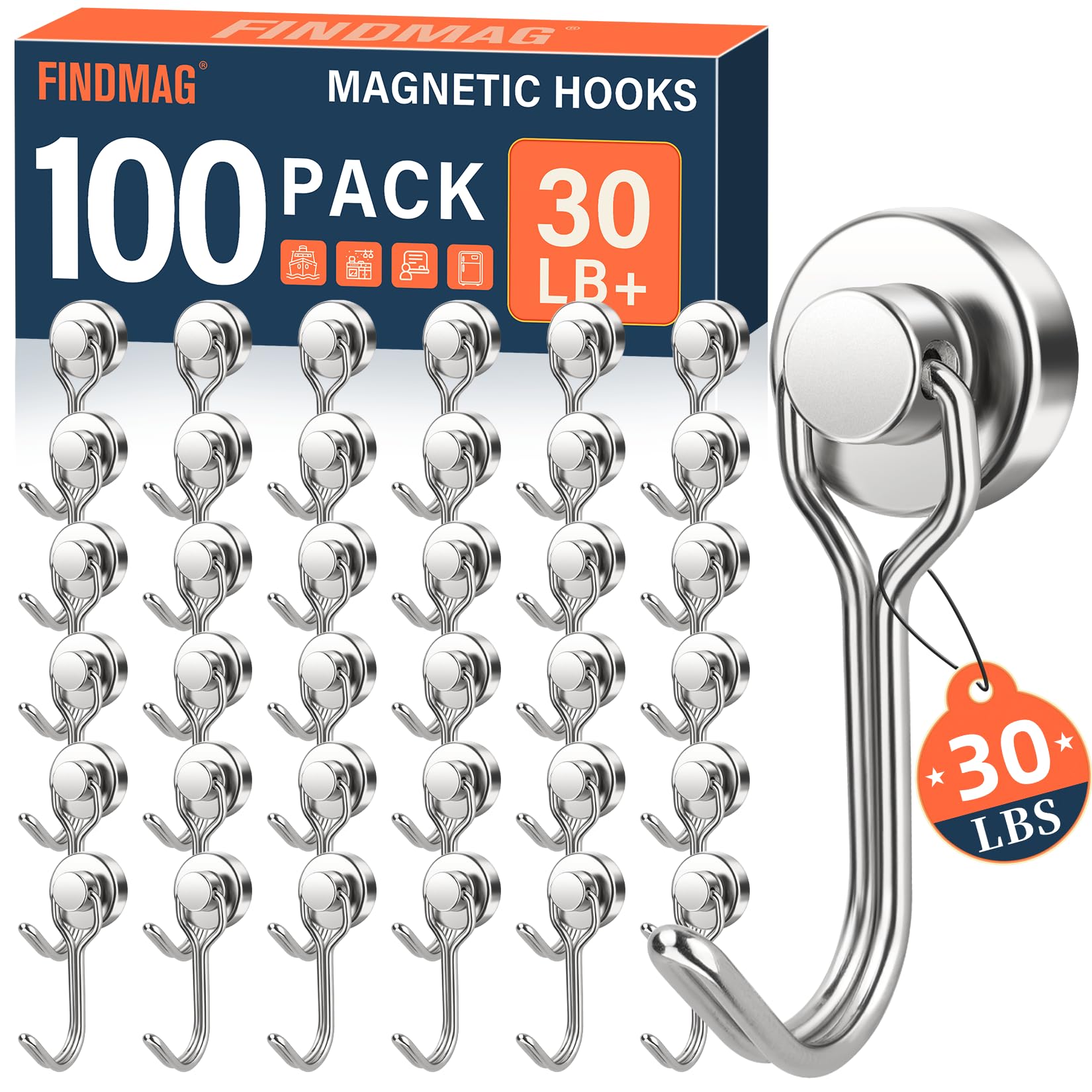 FINDMAG Paquete de 100 ganchos magnéticos para cabinas de crucero, 30 libras +, color plateado | Ganchos magnéticos resistentes para colgar para viajes, aula, barco, taquilla, hogar, parrilla, crucero esencial 2026