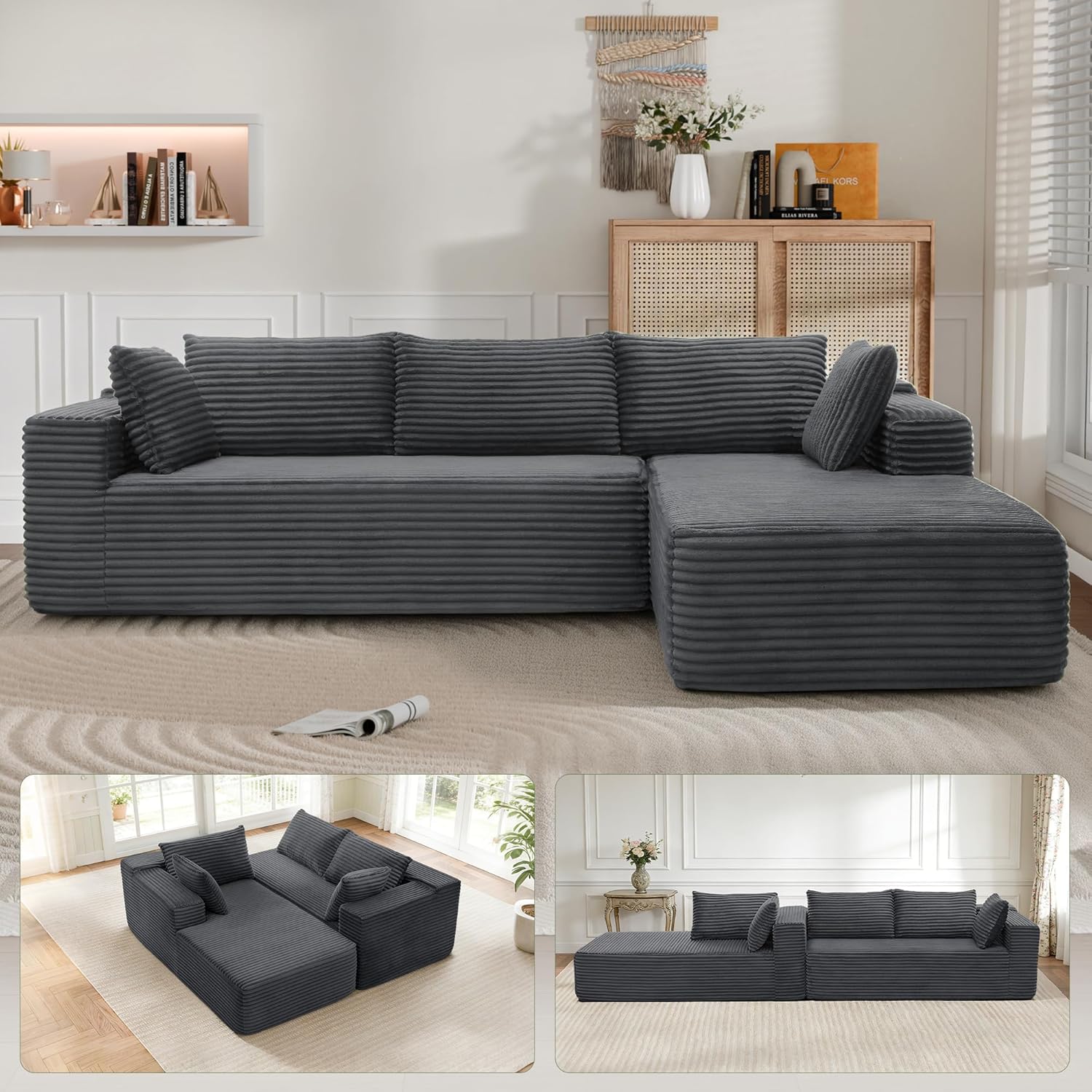 Cloud Sectional Couch, 105” Fluffy Modular L-Shape Sofa with Left Chaise Lounge, Modular Sectional Sofa in a Box, Boneless Couch for Living Room, No Assembly Required, Flannel Gray