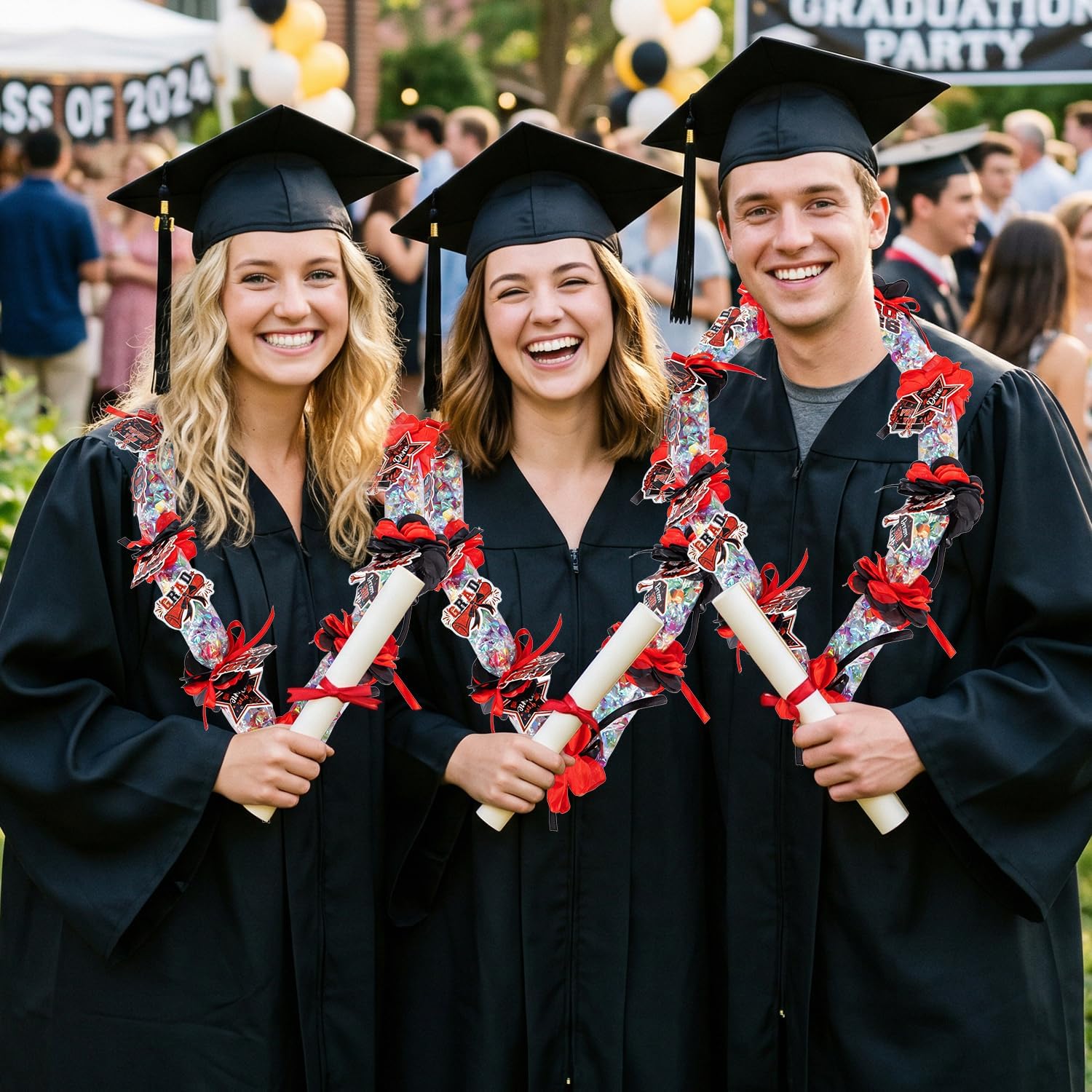 Candy Leis for Graduation 2026 - Candy Lei Making Kit Clear Poly Tubing, 6 Tubing Clear, 2 Rolls Ribbon Black Red, 20 Paper Cards 96 Flowers, DIY Grad Gift Supplies College High School