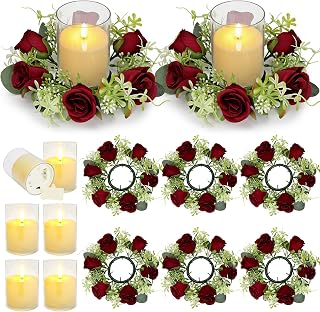 6 Sets Artificial Rose Candle Wreaths - 3 Inch Eucalyptus Rings Wreaths with LED Flameless Candles Floral for Wedding Home Centerpieces Banquet Tables Doors Decorations, Burgundy