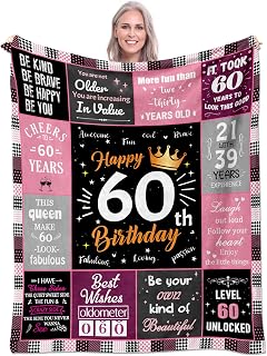 60th Birthday Fleece Throw Blanket for Women, 50x60 Soft Flannel Gift