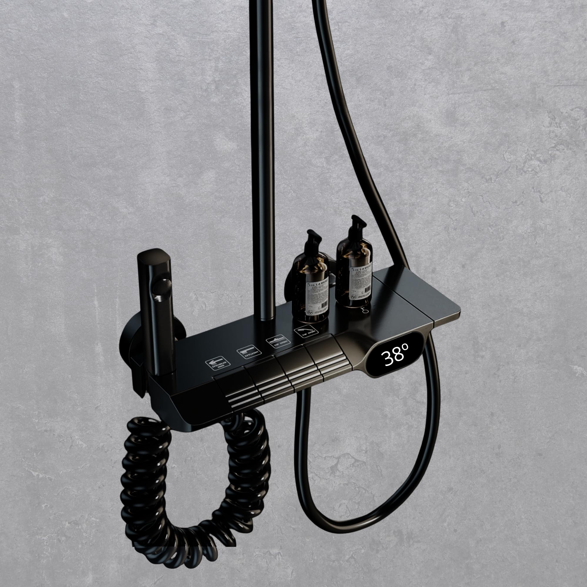 Columna Ducha Negra con Grifo. Alcachofa modo Lluvia. Ducha de Mano con 3 Modos SPA. Grifo para Llenar Bañera y Pistola de Limpieza con Manguera. Construido en Acero Inox y PVC. LED Temperatura