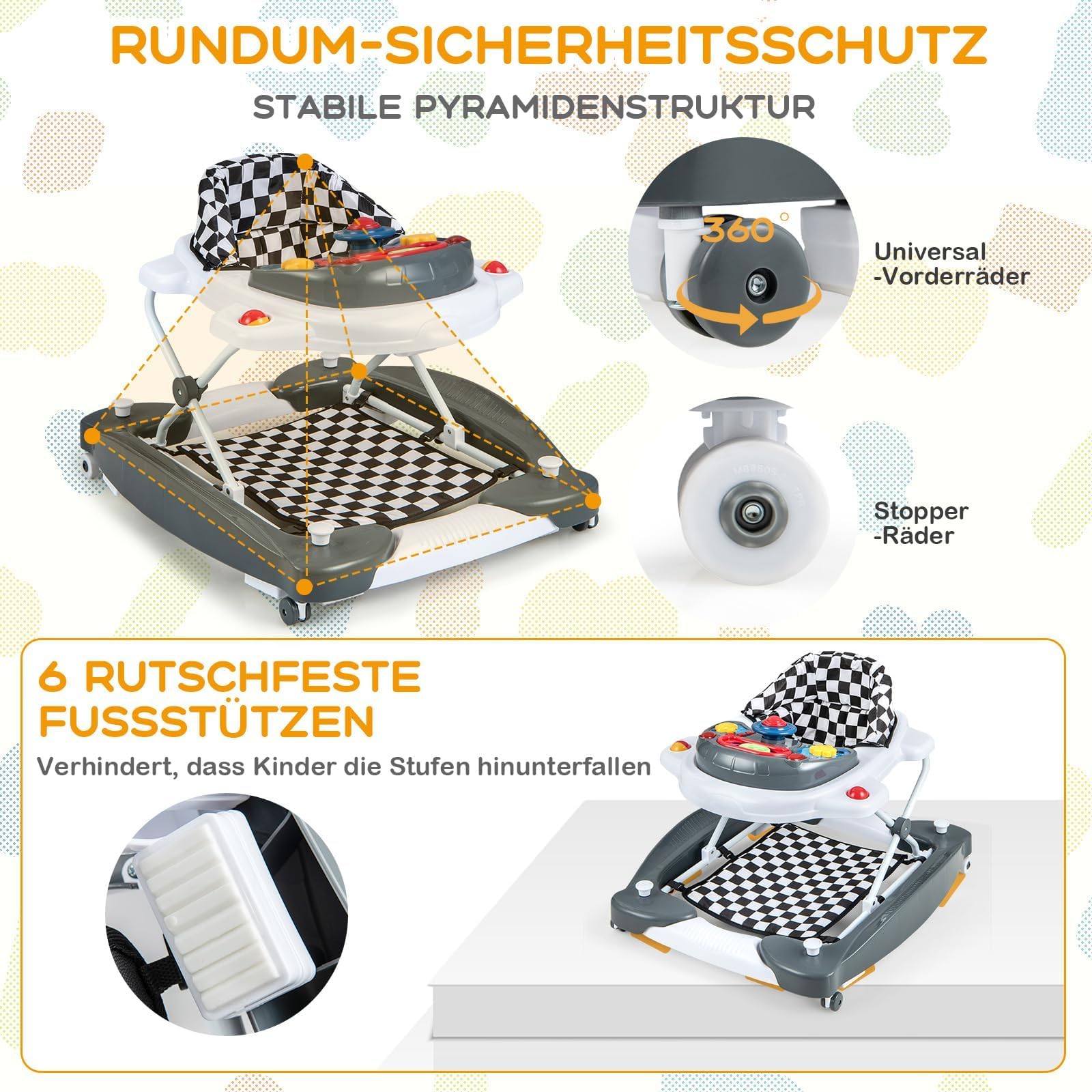 FANTASK Lauflernhilfe, Baby Walker 6-in-1 höhenverstellbar, Lauflernhilfe klappbar mit abnehmbarem Spielbrett Licht Musik & Fußpolster, Laufwagen Gehfrei für Babys ab 6 Monaten, Grau