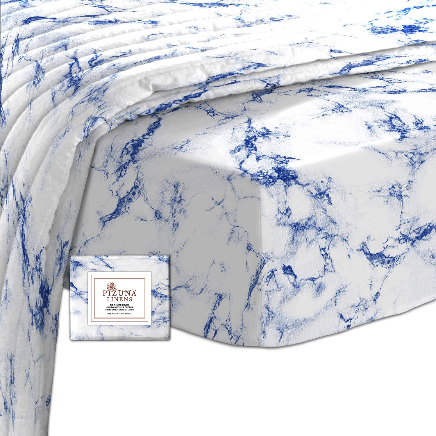 Pizuna Cotton Carrara Marble Blue Printed Fitted Sheets King Size 1 Pc, 400 Thread Count 100% Long Staple Cotton Sateen deep fitted king size sheet 150x200 of 40 cm Deep Pocket (Printed Bed Sheets)