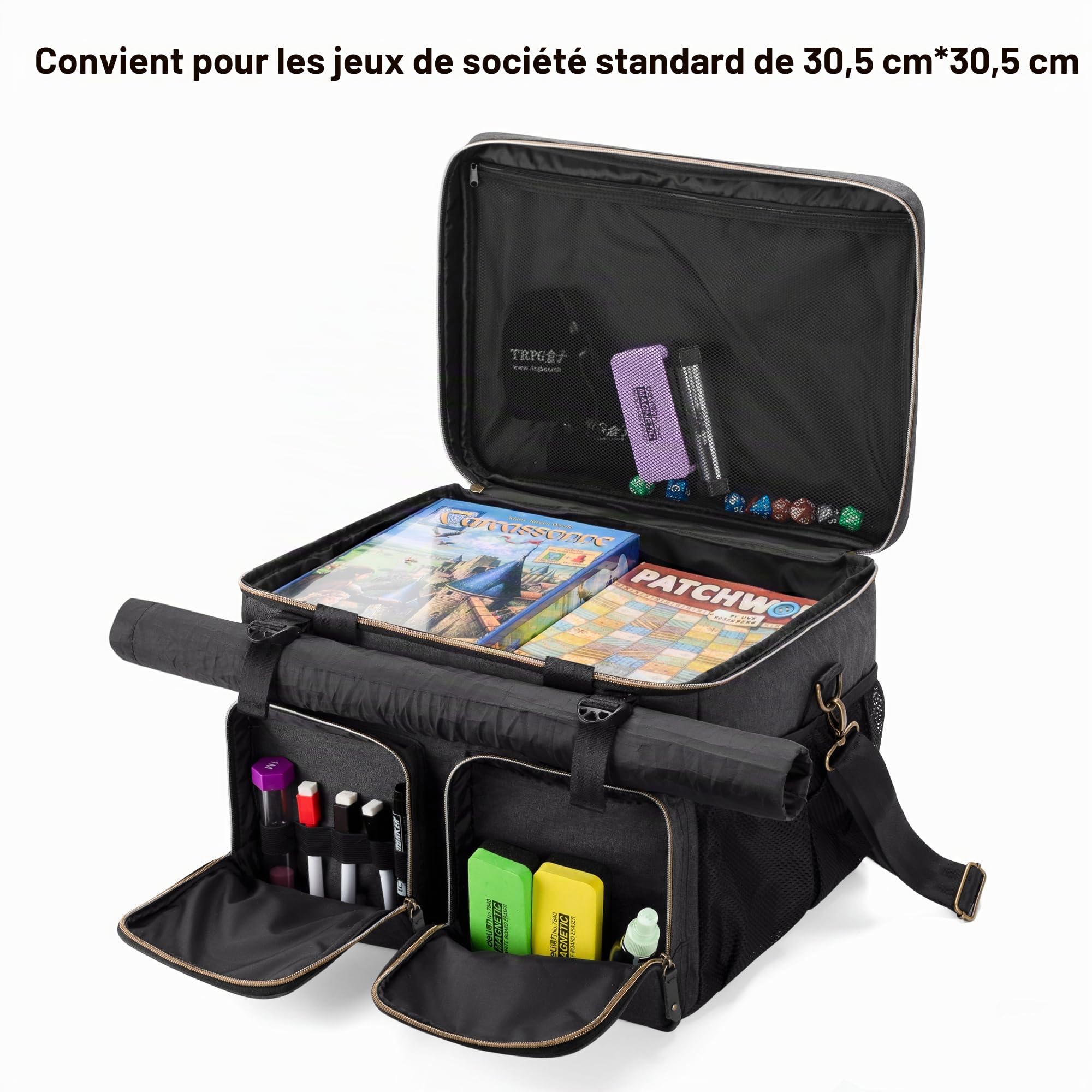 Trunab Sac Jeu de Société Rangement Porte Jeux de Plateau, Sac Voyage Convient à Plupart des Jeux de Société, avec Poignée, Bandoulière, 2 Agrafes pour Rouleau de Carte, des Pochettes Pratiques