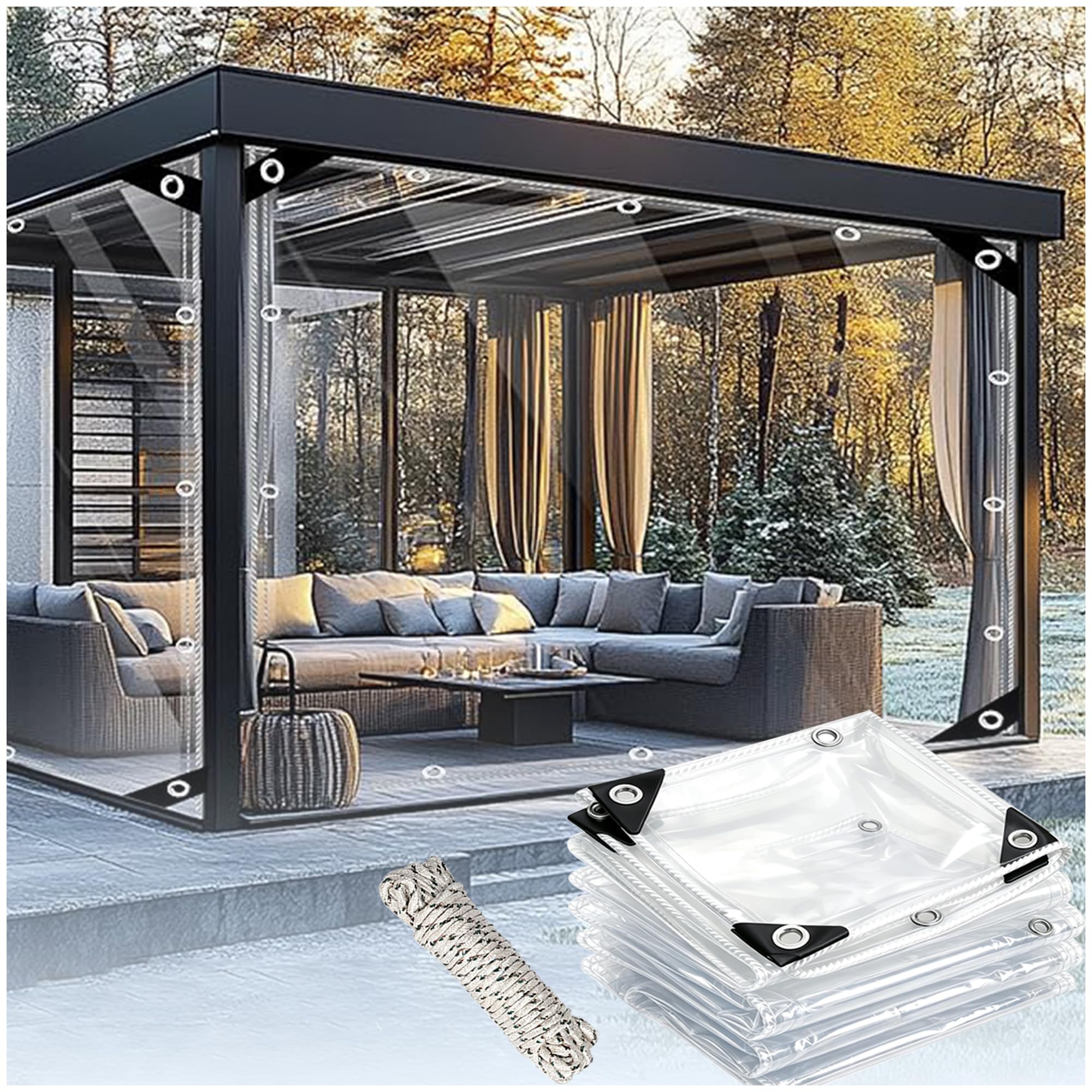 Plane Transparente mit Ösen, 0,3 mm PVC Wasserdicht Reißfeste UV Abdeckplane mit Seil, Wetterfeste Durchsichtige Plane für Terrasse Balkon Außenbereich Gartenmöbel Pflanzen Gewächshaus (1.5x2m)