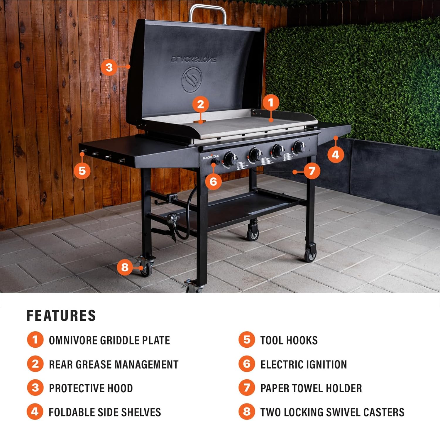 Blackstone 36 Inch Gas Griddle with Hood Cooking Station 4 Burner Flat Top Gas Grill Propane Fuelled Restaurant Grade Professional 36” Outdoor Griddle Station with Side Shelf