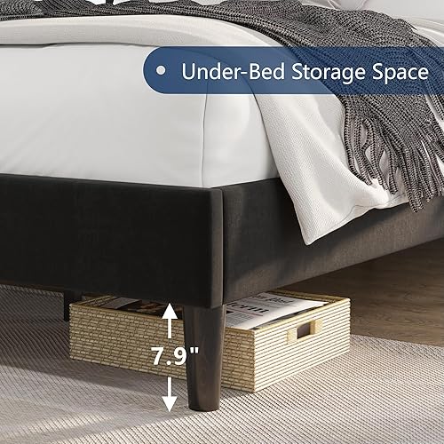 Miniatura 37 de VanAcc Base de cama tamaño Queen, plataforma tapizada de terciopelo con cabecera capitoné de canal, base de colchón con listones de madera, no