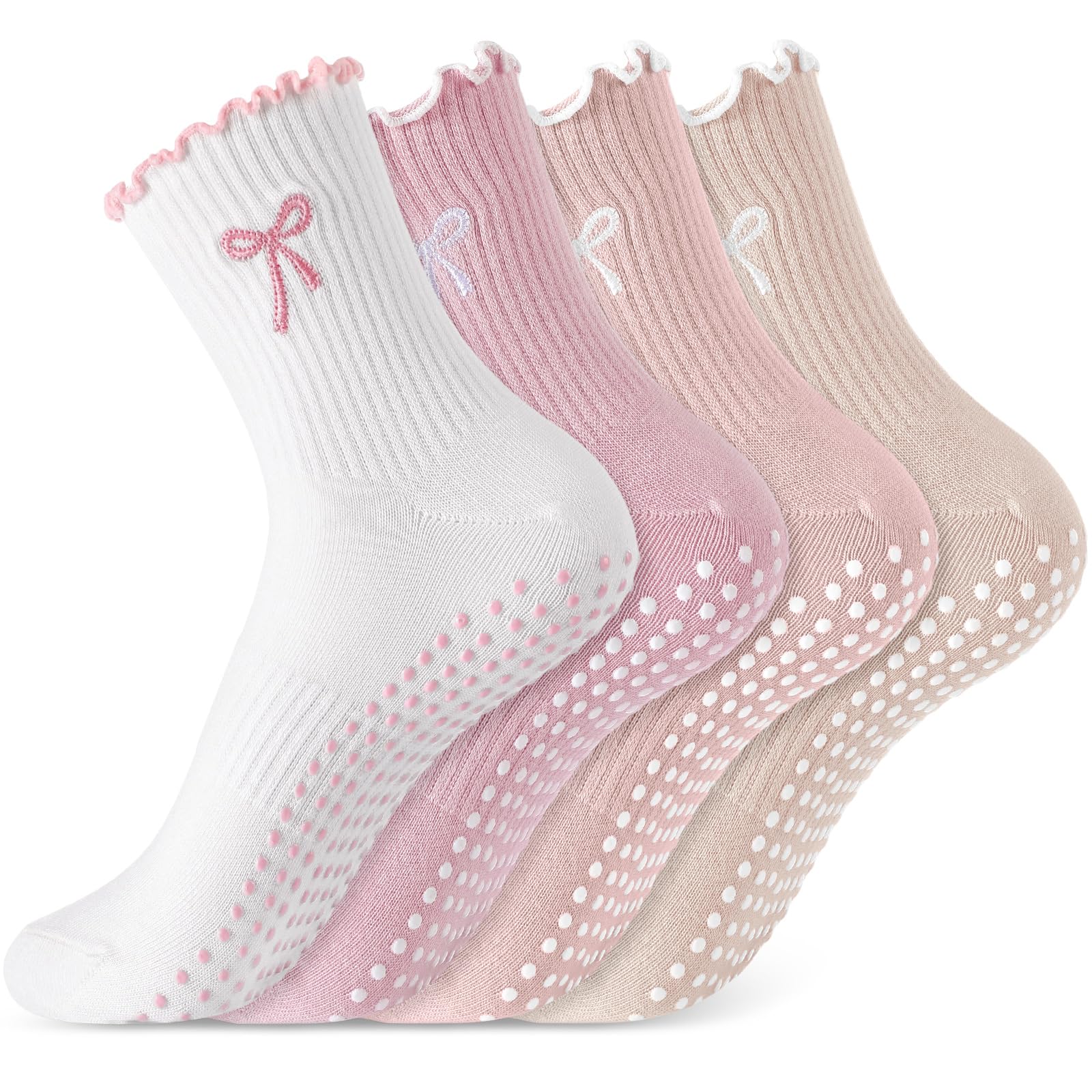 Jeyiour 4 Pairs Cute Pilates Grip Socks for Women Ruffle Non Slip Crew Grippy Yoga Socks with Bow