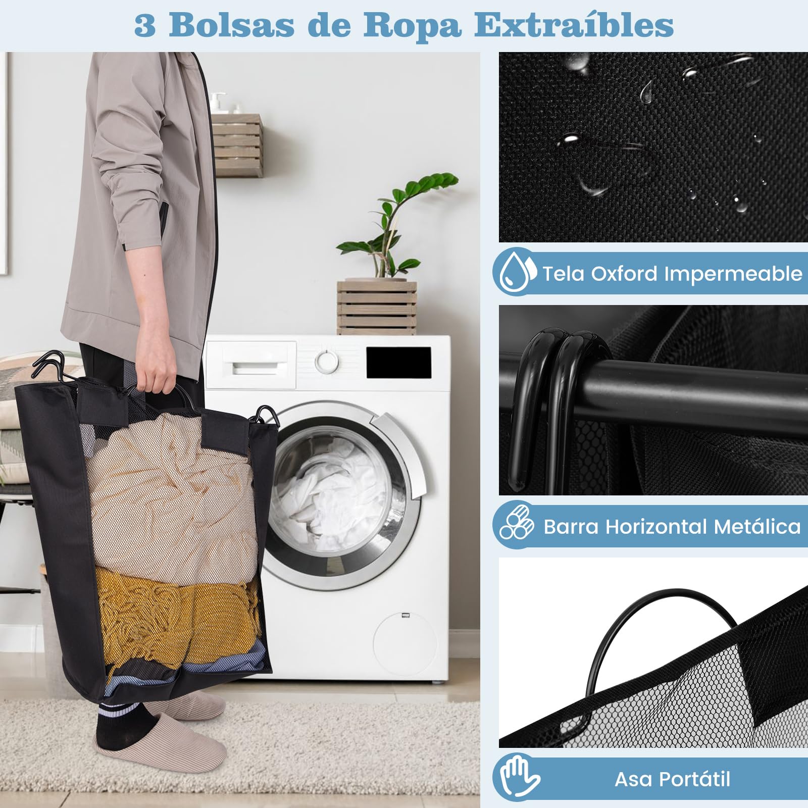 COSTWAY Cesto para Ropa Sucia con Tabla de Planchar, Cesta Colada con 3 Bolsas Extraíbles, 3 x 33L, Cesta de Lavandería para Cuarto de baño, Lavandería, Dormitorio, Negro y Gris