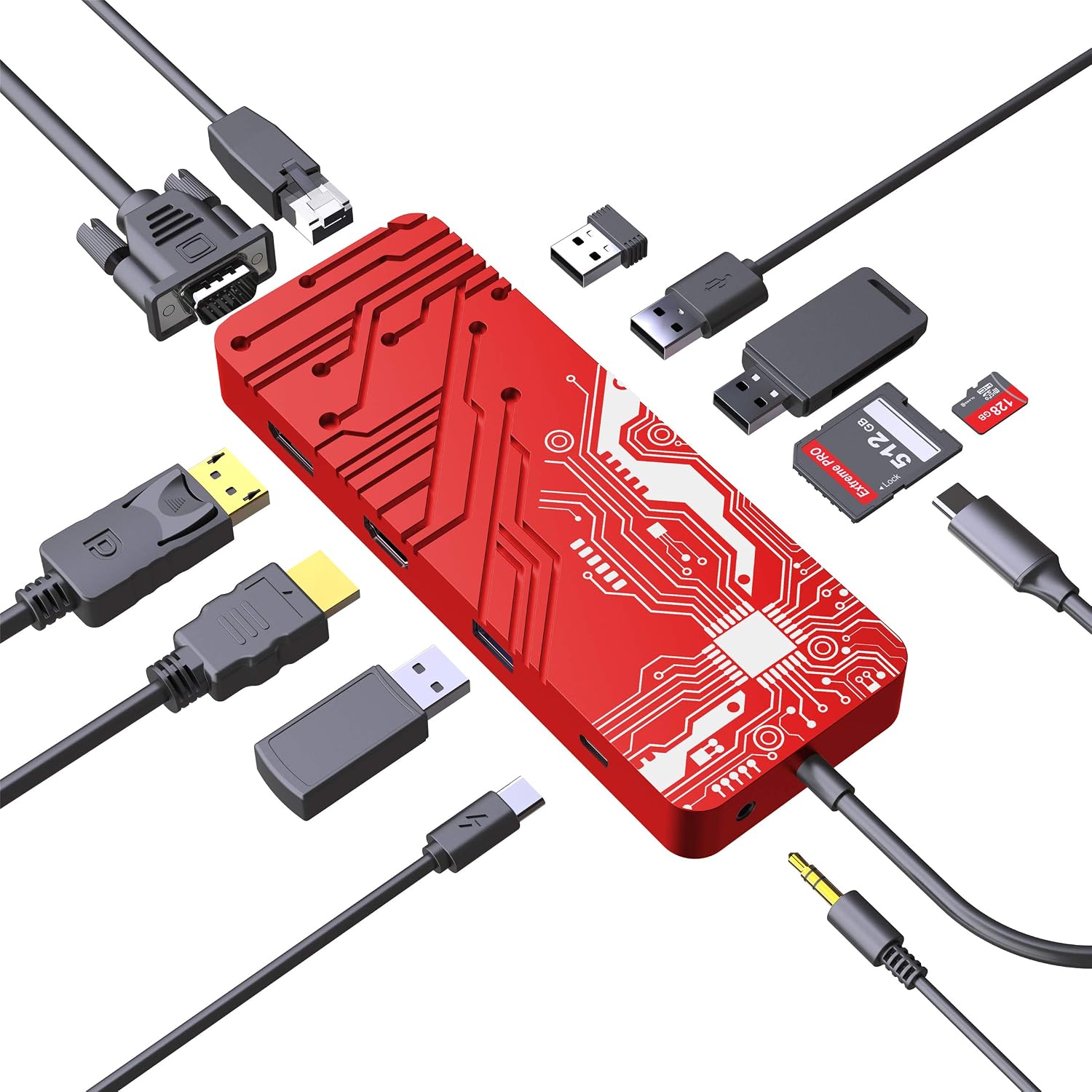 Best Cyber Deals 🔥 Guanda Laptop Docking Station, USB C PD Charging Hub, 13-in-1 USB Hub with Ethernet, HDMI, DP, VGA, 4 Port-USB 3.0, Micro/SD/TF Memory Card Readers for MacBook Pro, Acer Aspire Computers - GD10 Red