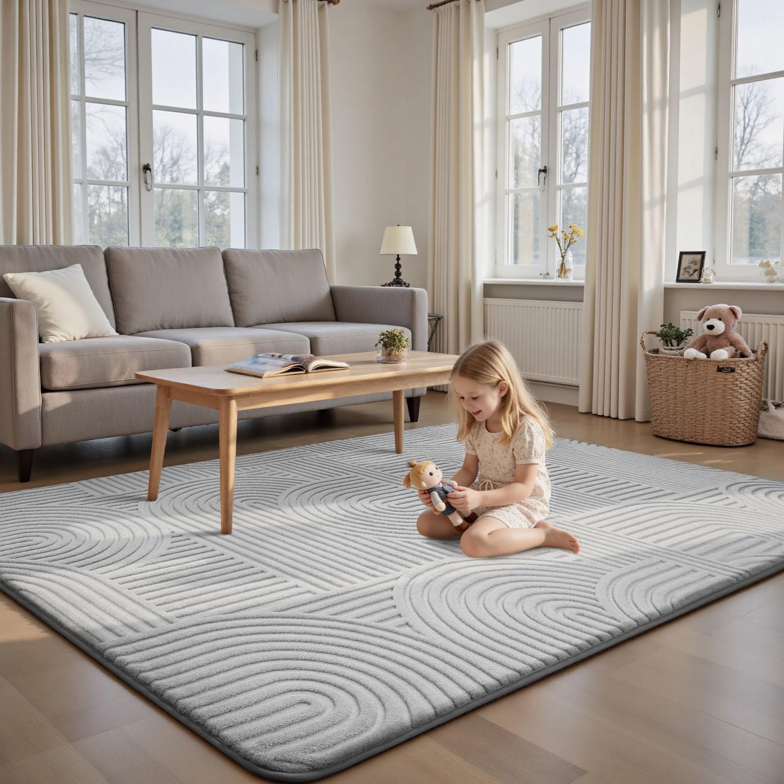 Sour Lemon Tapis de salon 200 x 300 cm, Tapis 3D gris clair avec design circulaire, Tapis peluche courte lavable, Tapis antidérapant pour chambre, salle à manger, cuisine et bureau