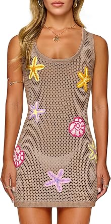 FAIRY SEASON Womens Crochet Beach Cover Up with 3D Starfish & Seashells | Sleeveless Swimsuit Coverup for Bathing Suit, Hand-Embellished Embroidery Boho Dress, Vacation Outfits, Pool Party
