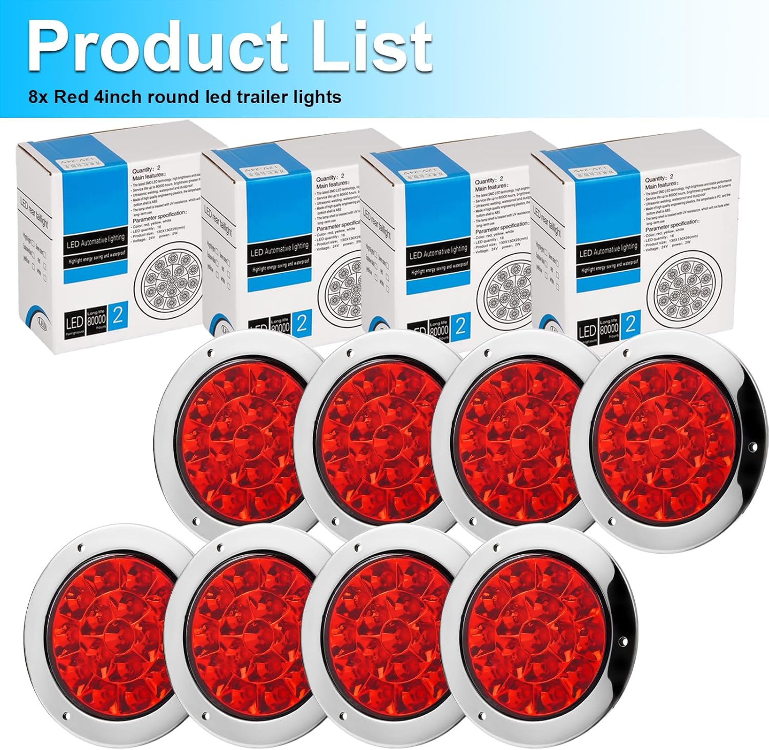 LIGBT 8Pcs 16LED 4Inch Round Red LED Trailer Tail Light 4" LED Stop Turn Tail Lights IP67 Waterproof Brake Trailer Lights for Boat Trailer Lorry Truck RV