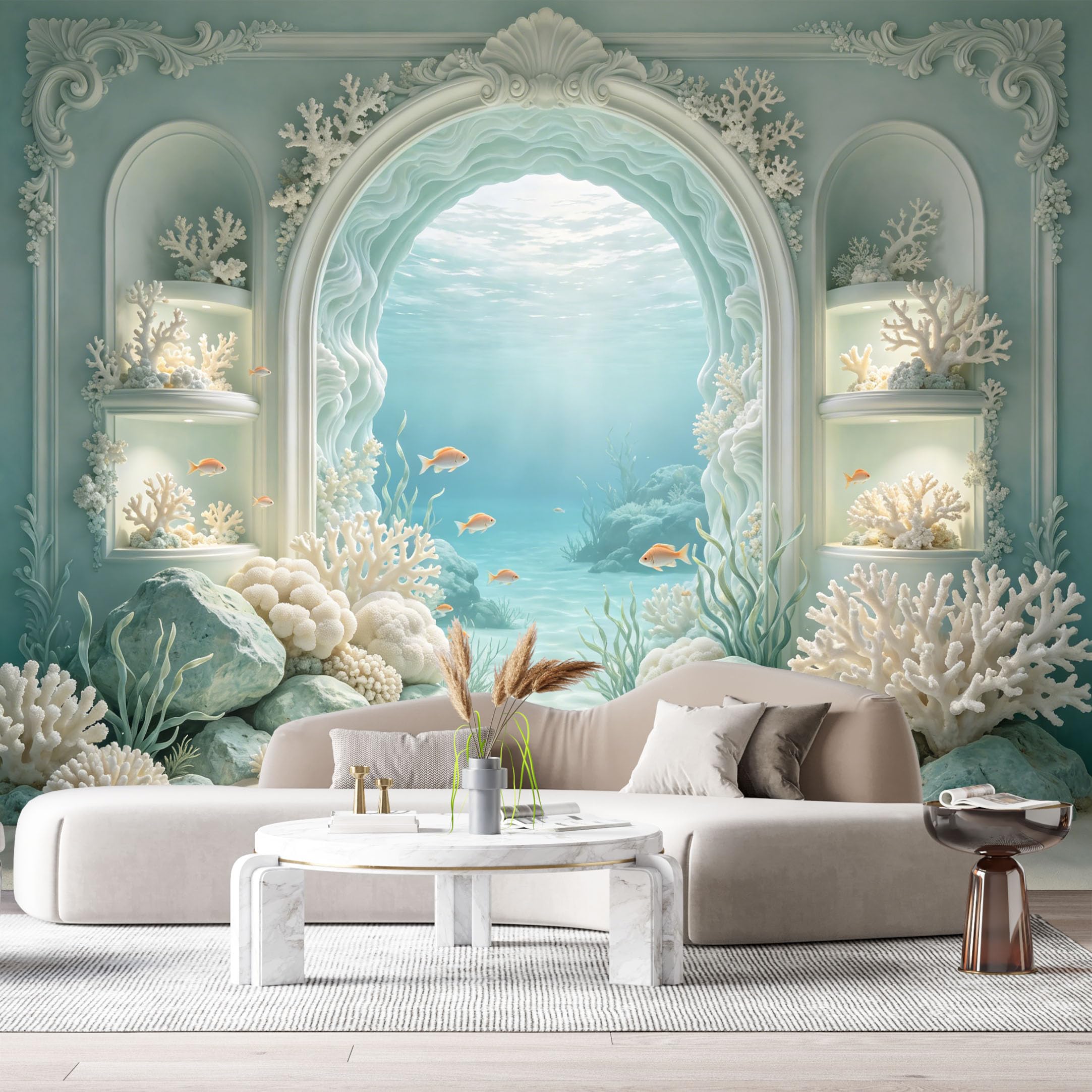 Custom Size Wall Murals Ocean Marine Coral Reef Underwater Fish 3D Trompe L'Oeil SelfAdhesiveWall Fabric Removable Wallpaper Wall Decor for Living Room Bedroom Bathroom