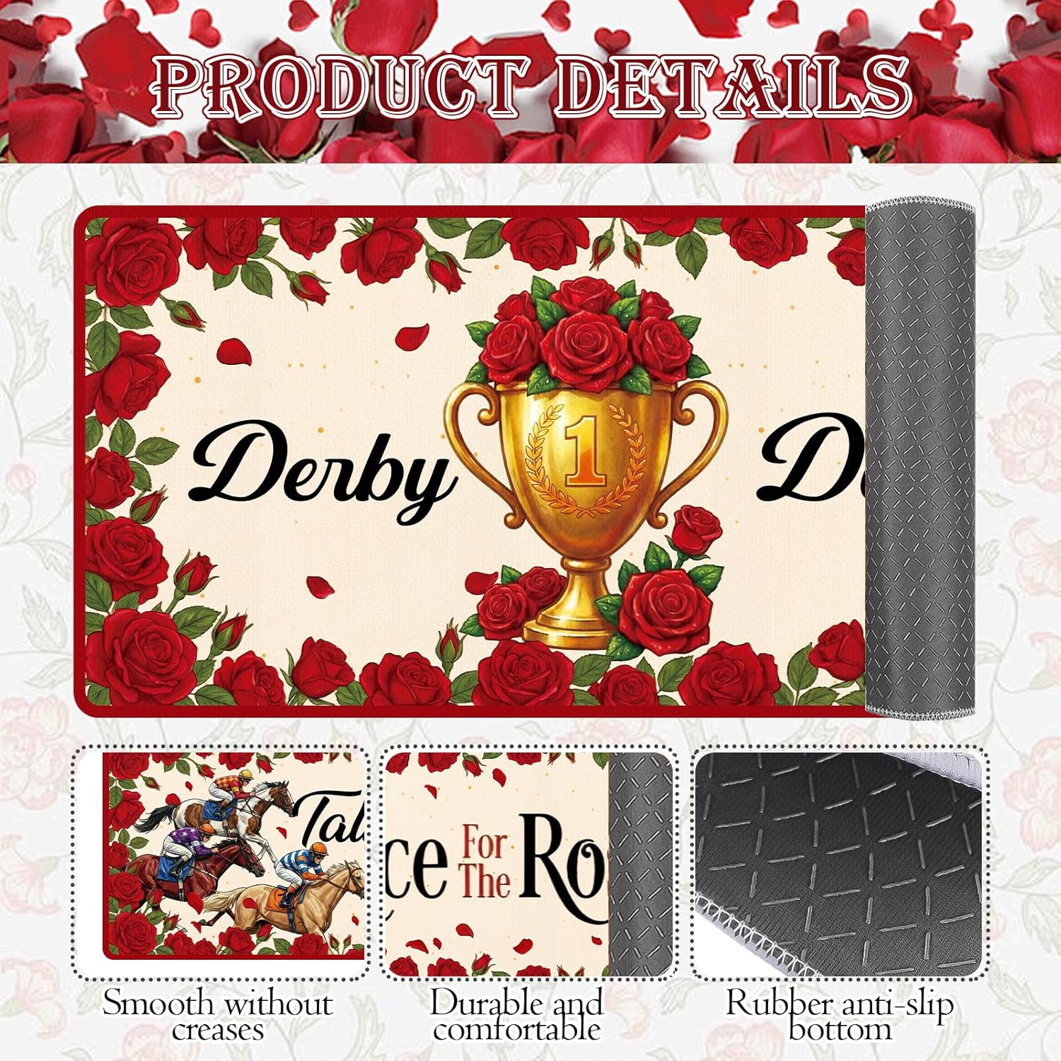 Derby Day Kitchen Rugs Set of 3, Non-Slip Kentucky Horse Racing Kitchen Mats, Absorbent Red Rose Carpet Rug for Derby Party Home Dining Room Bedroom Decorations 18''x31''+18''x47''+18''x60''