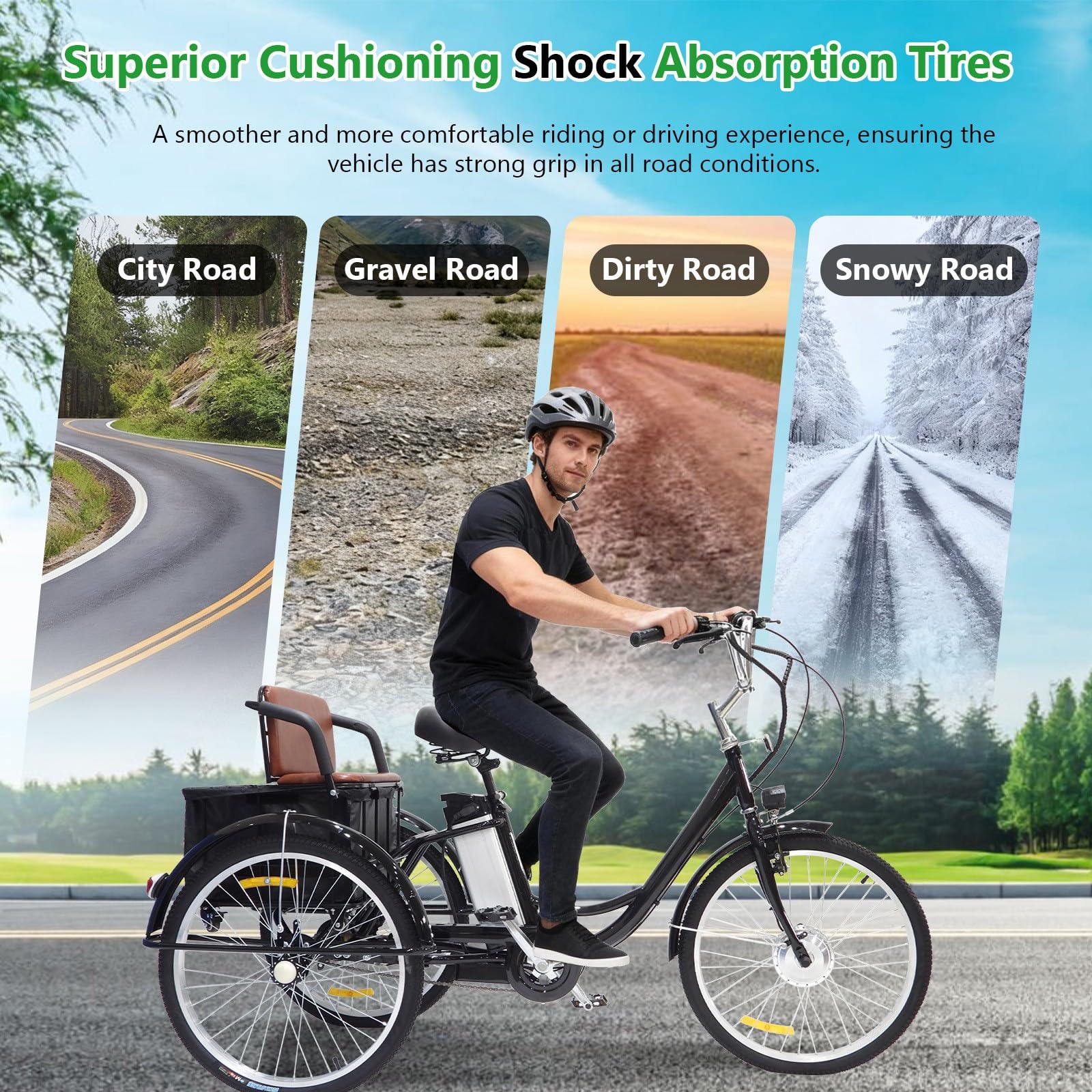Elektrische Dreirad E-Trike 24 Zoll 3-Rad-Elektrodreirad 36V 13Ah E-Bike mit Gepäckkorb/Sitz hinten für Männer, Frauen, ältere Menschen