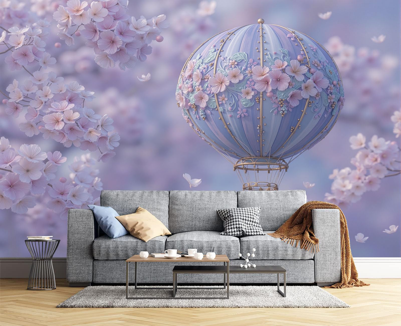 Papier Peint Panoramique Montgolfière Sakura, 250X175Cm (Lxh), Tapisserie Poster Geant Mural Rose Blush, Personnalisé 3D Pour Salon Chambre D'Enfants Décoration Murale Paysage De Rêve
