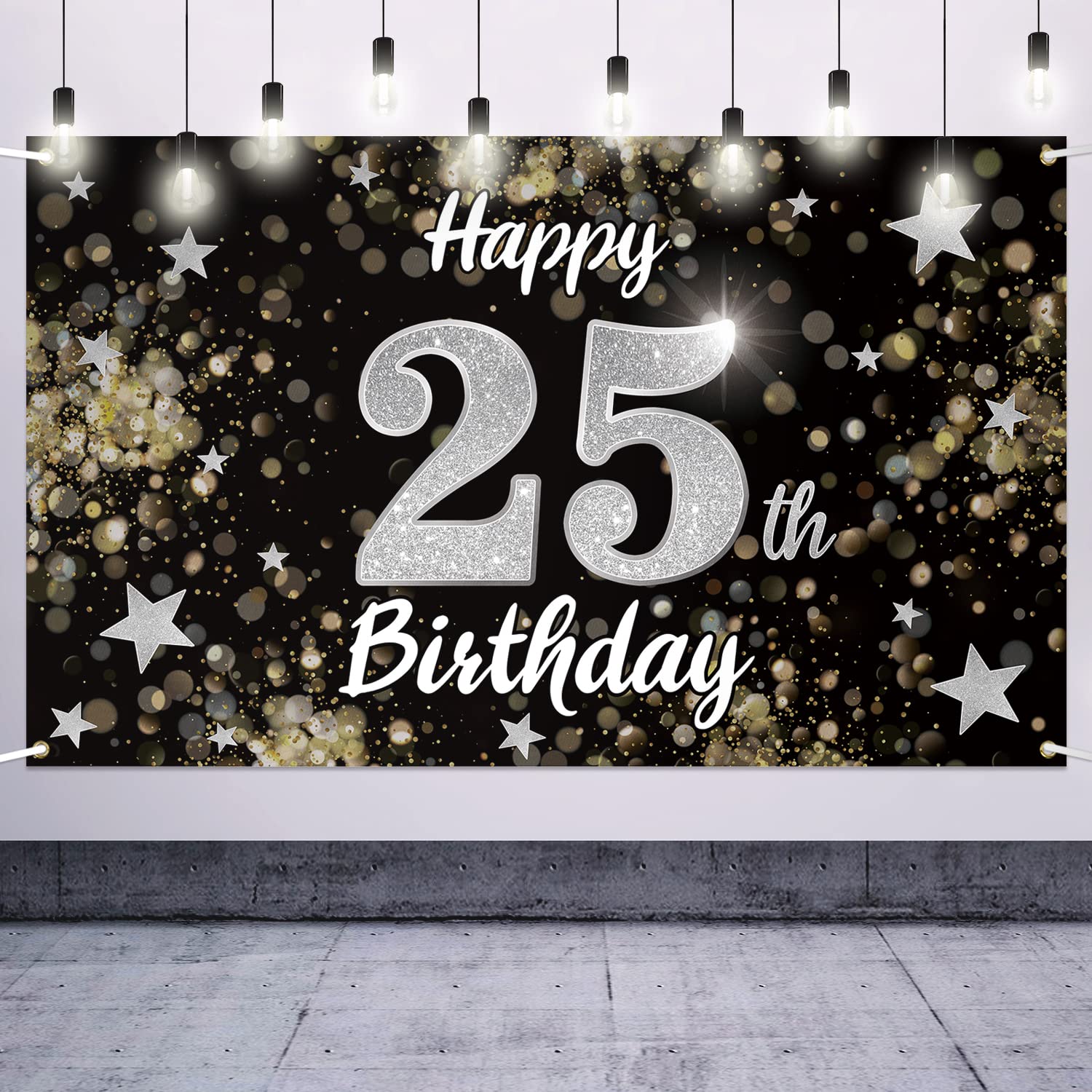 Nelbiirth Happy 25th Birthday Decorations,25th Black & Silver Dream Star Large Birthday Banner Backdrop Sign - Cheers to 25 Years Old Bday Party