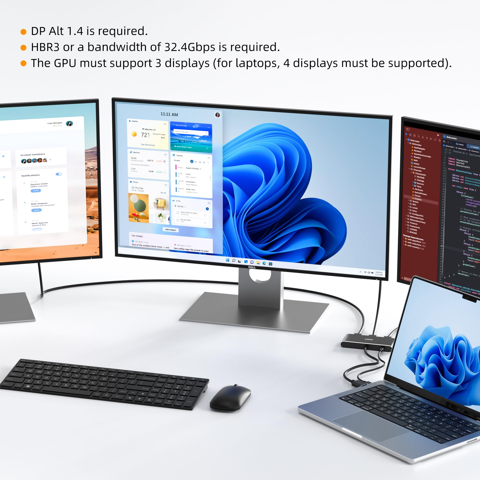 3-portowy DisplayPort 1.4 na 3 HDMI rozgałęźnik potrójny 4K 60 Hz monitory pojedynczy 8K, Dual 4K 120Hz DP na 3X HDMI Multi Monitor MST Hub 1,5 ft (45 cm) Windows