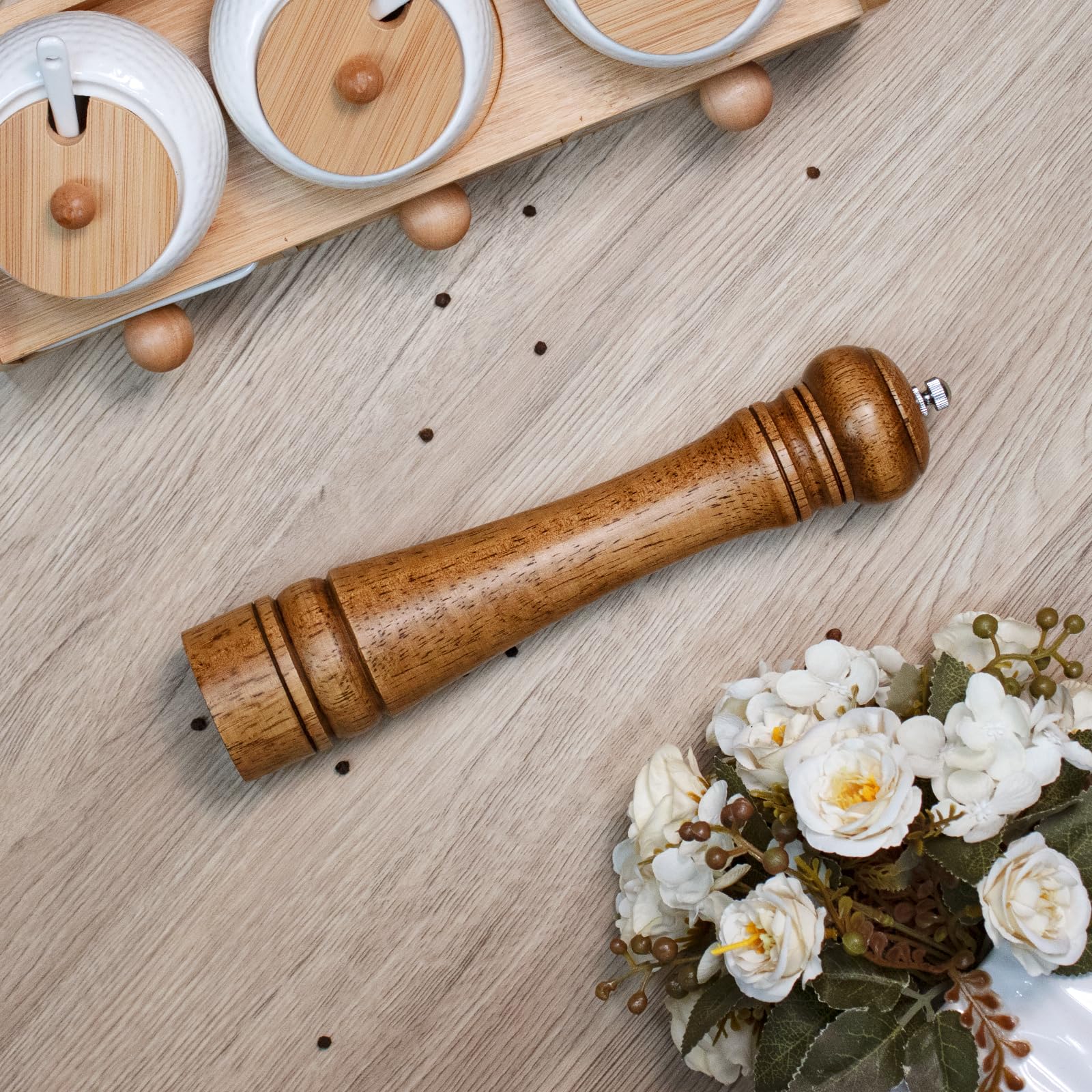 Elegan - Molinillo de pimienta o sal de madera de 10 pulgadas de alto con un rotor de cerámica ajustable y fácilmente recargable, molinillo de sal de madera de roble para tu cocina