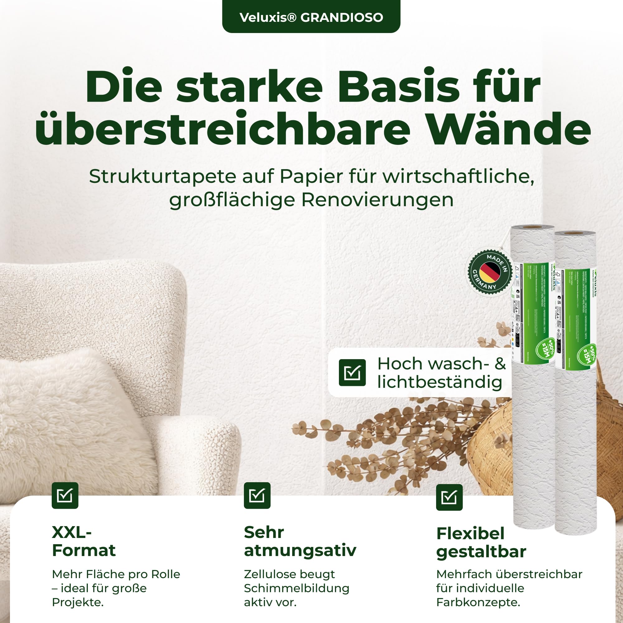Raufasertapete Papiertapete – GRANDIOSO Strukturtapete Raufaserstruktur, XXL 15,00 m x 0,53 m, überstreichbar, atmungsaktiv, Made in Germany