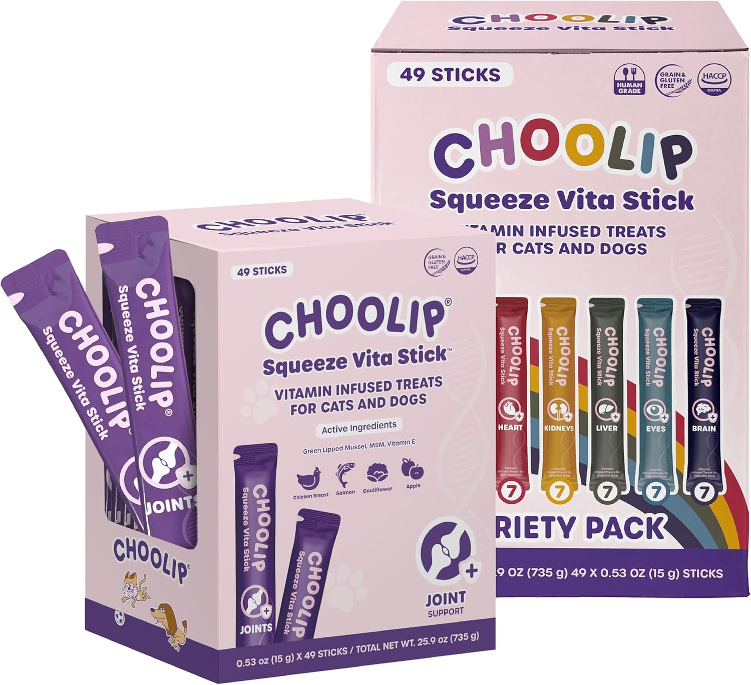 Choolip Bundle | 49 Variety Squeeze Vita Sticks + 49 Joint Support Squeeze Vita Sticks with Essential multivitamins [Both Products are for Cats & Dogs of All Life Stages]