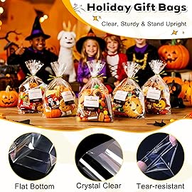 PigPotParty Cellophane Treat Bags 7x10, 100 Pack Clear Goodie Bags, Bottom Gusset for Stand-Up Display, Small Plastic Gift Wrap for Cookies, Candy, Party Favors, Popcorn, Includes 100 Ties