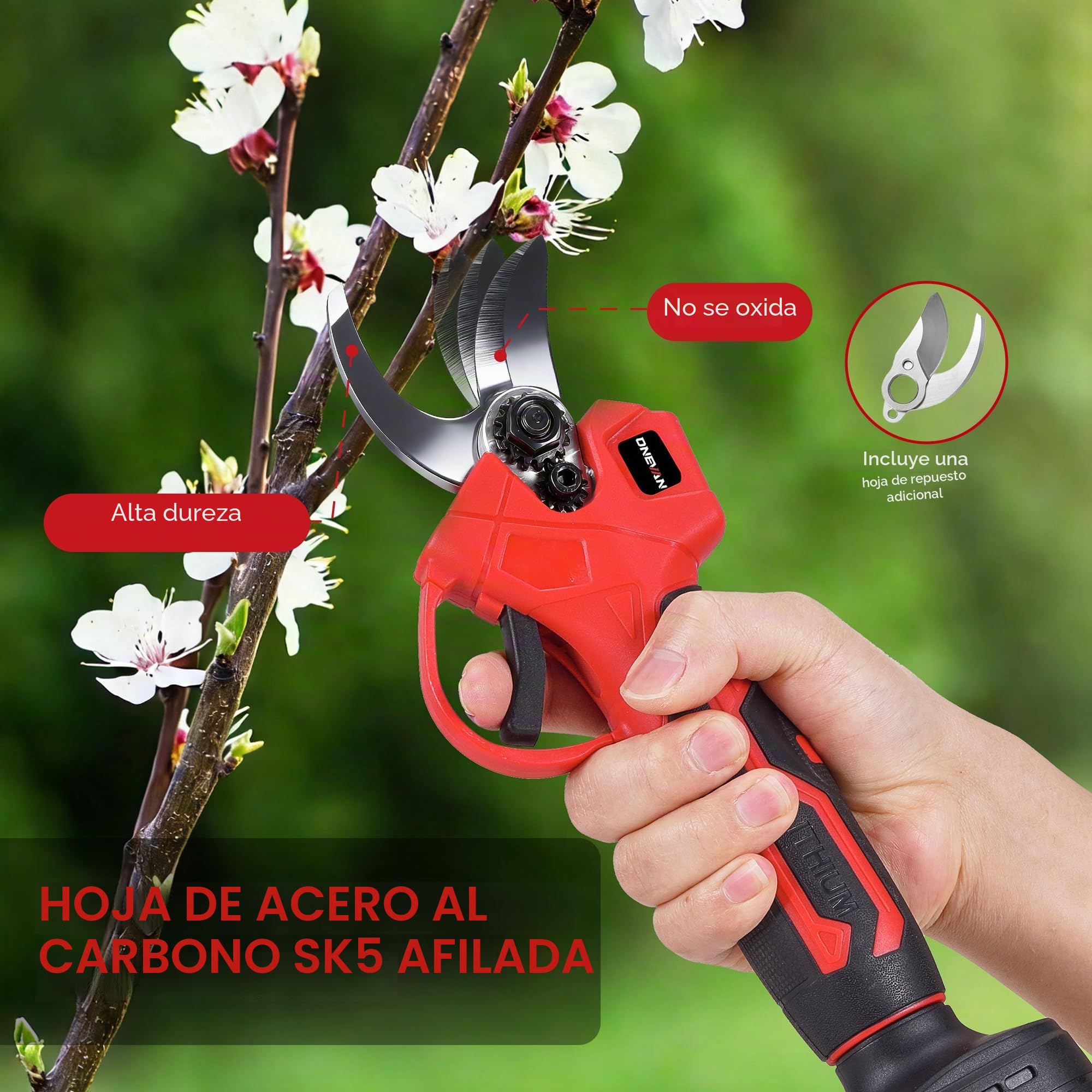 ONEVAN Tijeras de podar a batería, Tijeras de podar eléctricas para árboles 25mm diámetro de corte, Sin escobillas, Inalámbricas y ligeras, incluye 2x1,5Ah baterías, Cuchillas SK5, tijeras de jardín