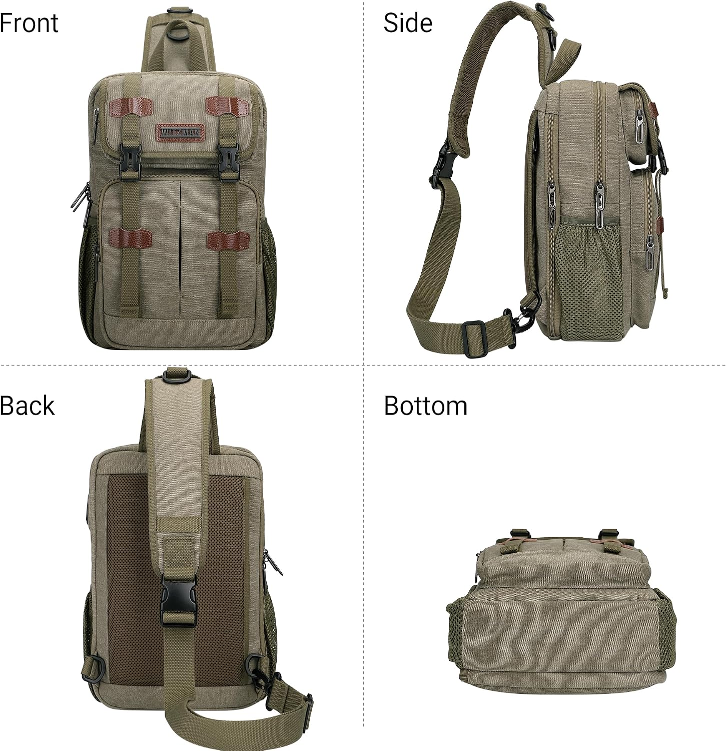 WITZMAN Sling Bag for Men Canvas Vintage Travel Crossbody Shoulder Bags Casual Large Chest Bag with USB Charging Port(A8019 Army Green)
