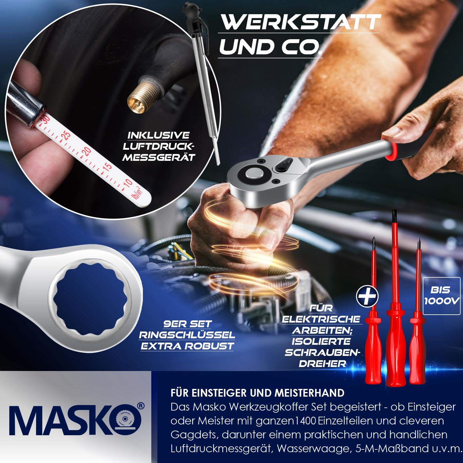 MASKO® Cassetta degli attrezzi portatile con utensili | 969 Pezzi Set di Attrezzi in Valigetta di Alluminio con Ruote per Fai da te | Cassetta porta attrezzi a mano | Strumenti professionali Nero