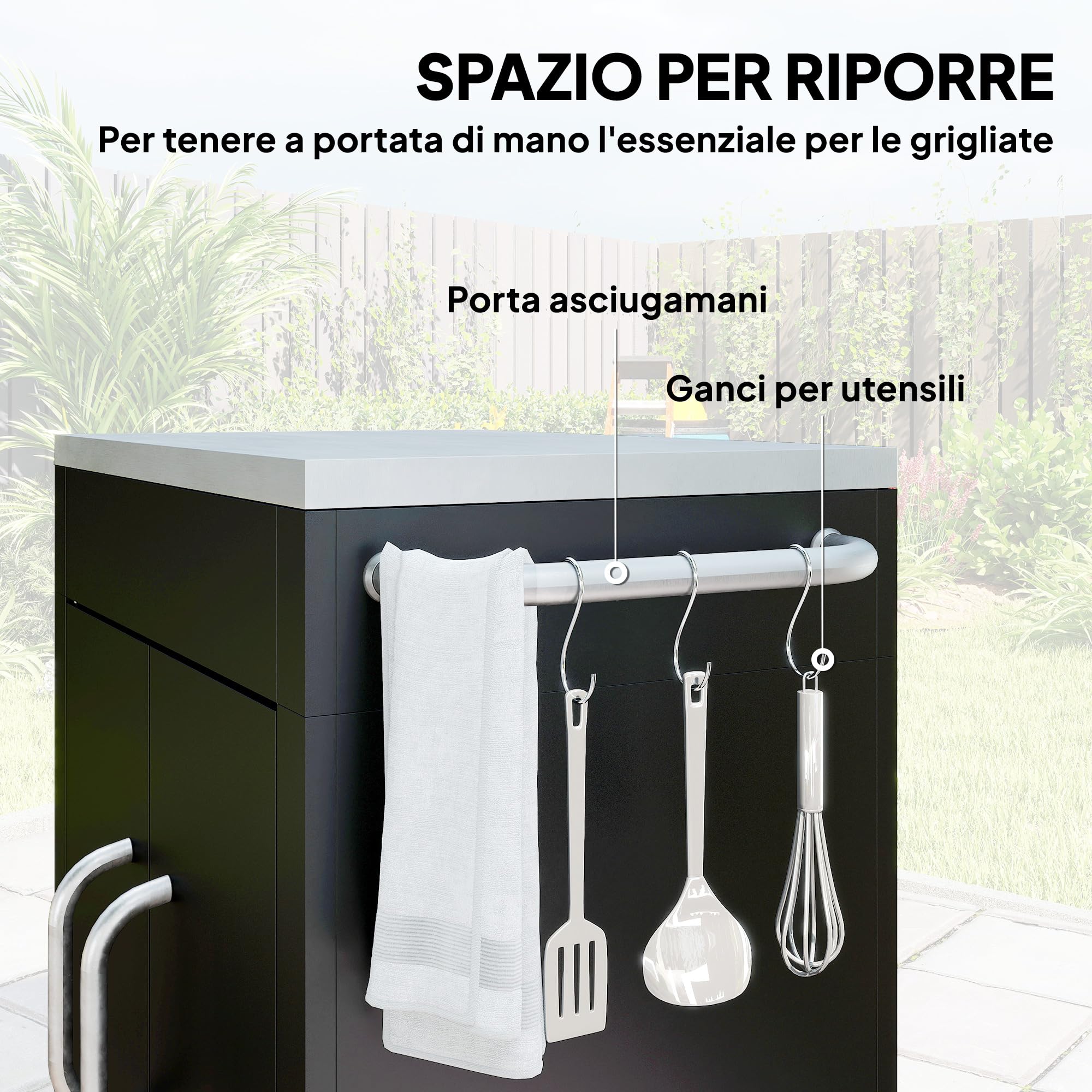 HOMCOM Carrello Barbecue con Piano in Acciaio Inox, Tavolo Cucina da Esterno con Ruote, Maniglia, 6 Ganci e Armadietto Contenitore, 86x50x86.5 cm, Nero