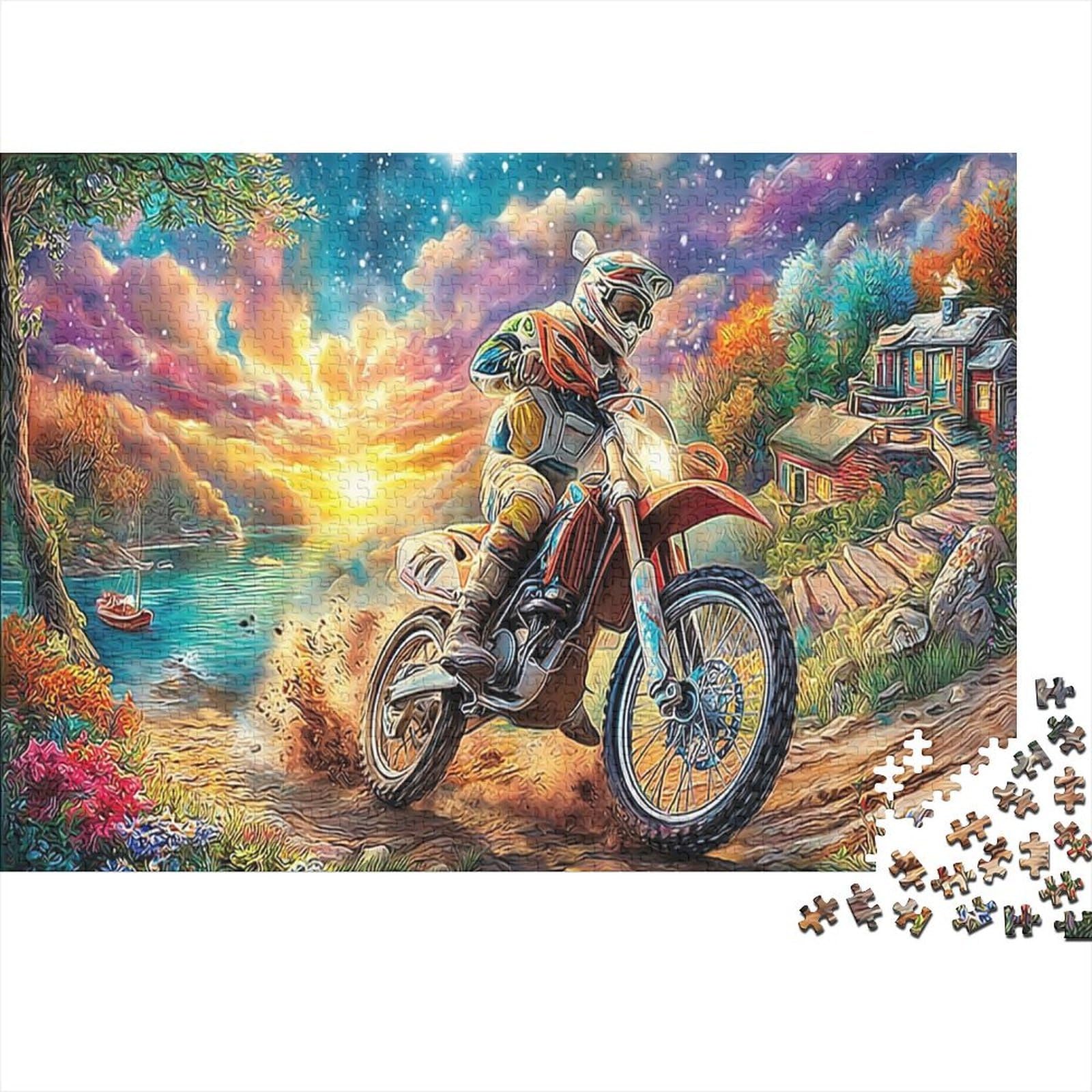 DirtBike Jigsaw SunsetAdventurePuzzle 1000 Piece Recycled Paper for Women And Man Puzzle Hard Challenging Home Activity Gift Idea 70x50cm/1000pcs