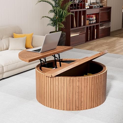 Miniatura 5 de Mesa de Centro de Tapa Elevable Acanalada con Almacenamiento Oculto, Mesa de Centro Redonda de 31.6 Pulgadas para Sala de Estar, Mesas Centrales