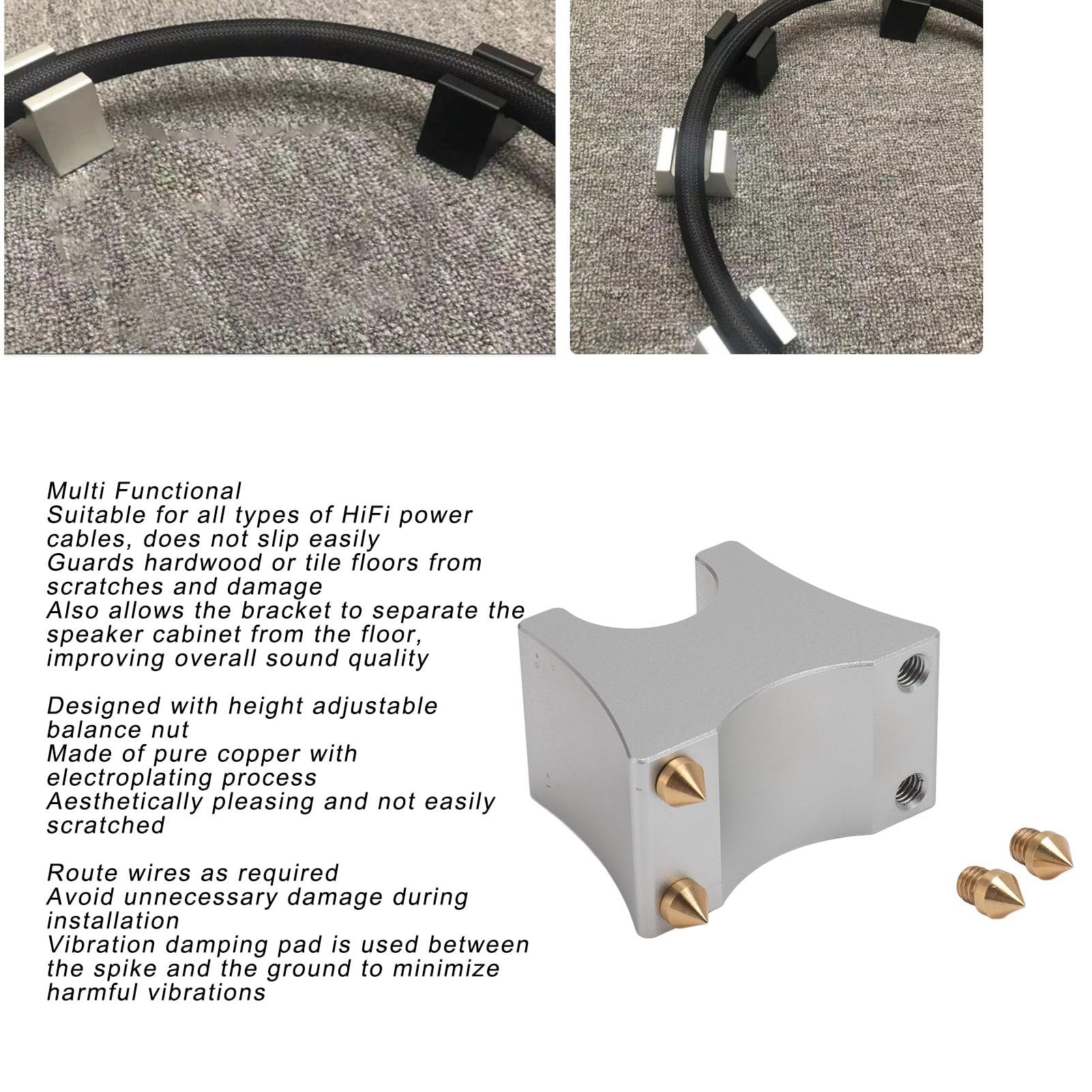 HiFi Cable Spike Stand, Speaker Cable Tray Holder, Shock Absorbing Adjustable Aluminum Alloy HiFi Wire Tray Holder for Speaker CD DVD Player 4pcs, Reduces Resonance (Silver Color)