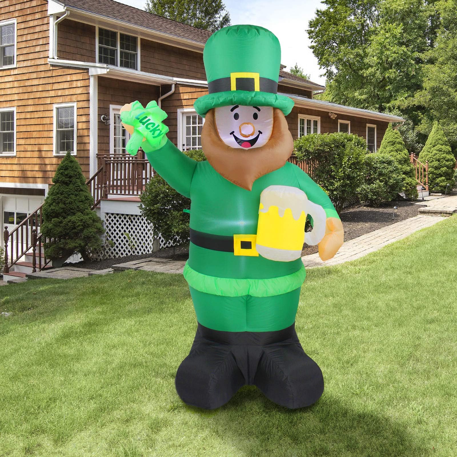 BEBEKULA 6 FT Lighted St Patricks Day Inflatable Leprechaun Holding Shamrock and Beer Cute Lucky, Lucky Day Indoor Outdoor Lawn Yard Art Decoration