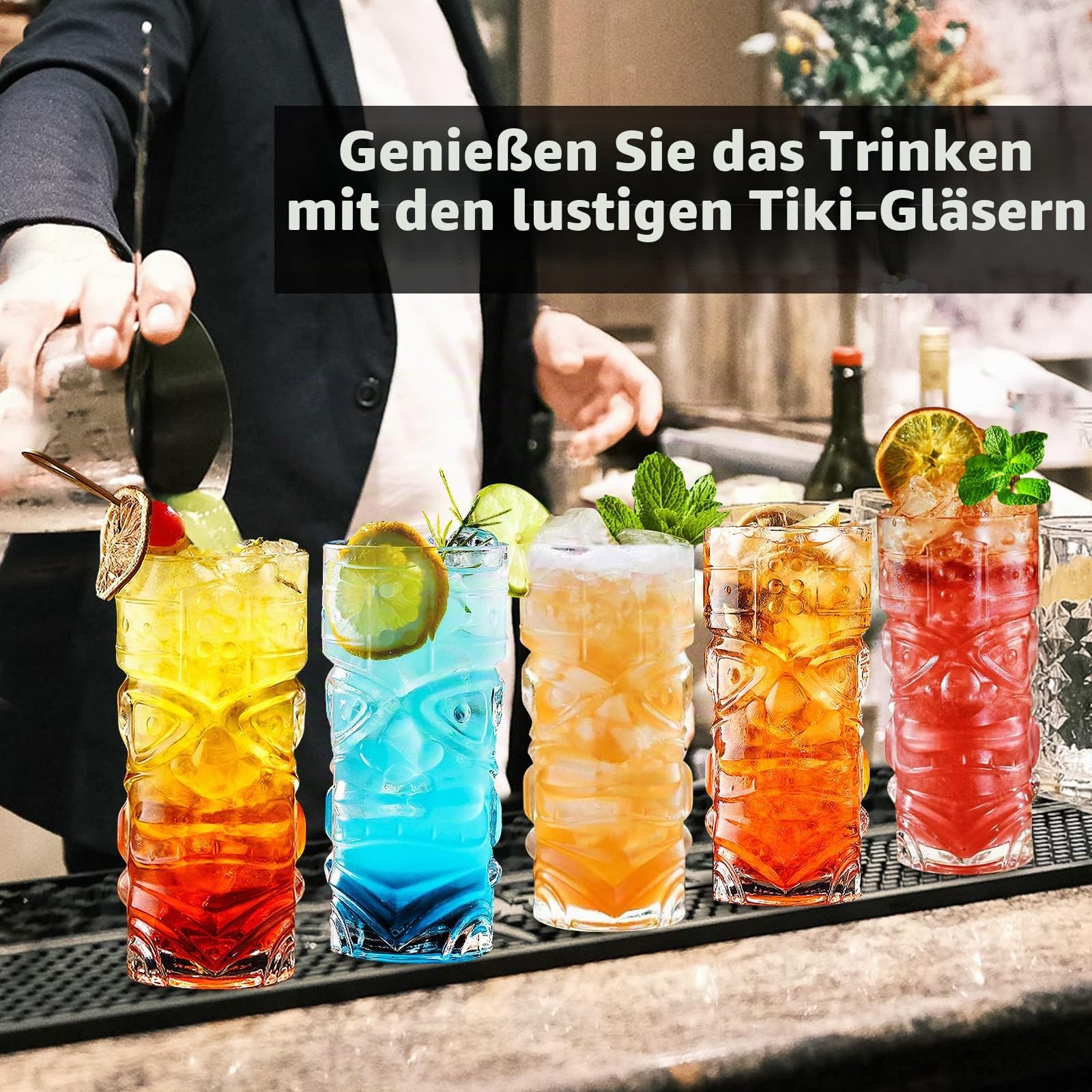Set von transparenten Tiki-Cocktailgläsern von 8 bis 14 Unzen, moderne Tiki-Cocktailgläser perfekt für exotische Cocktails, Mai Tai, Cocktails im hawaiianischen Stil, Getränkeset für tropische