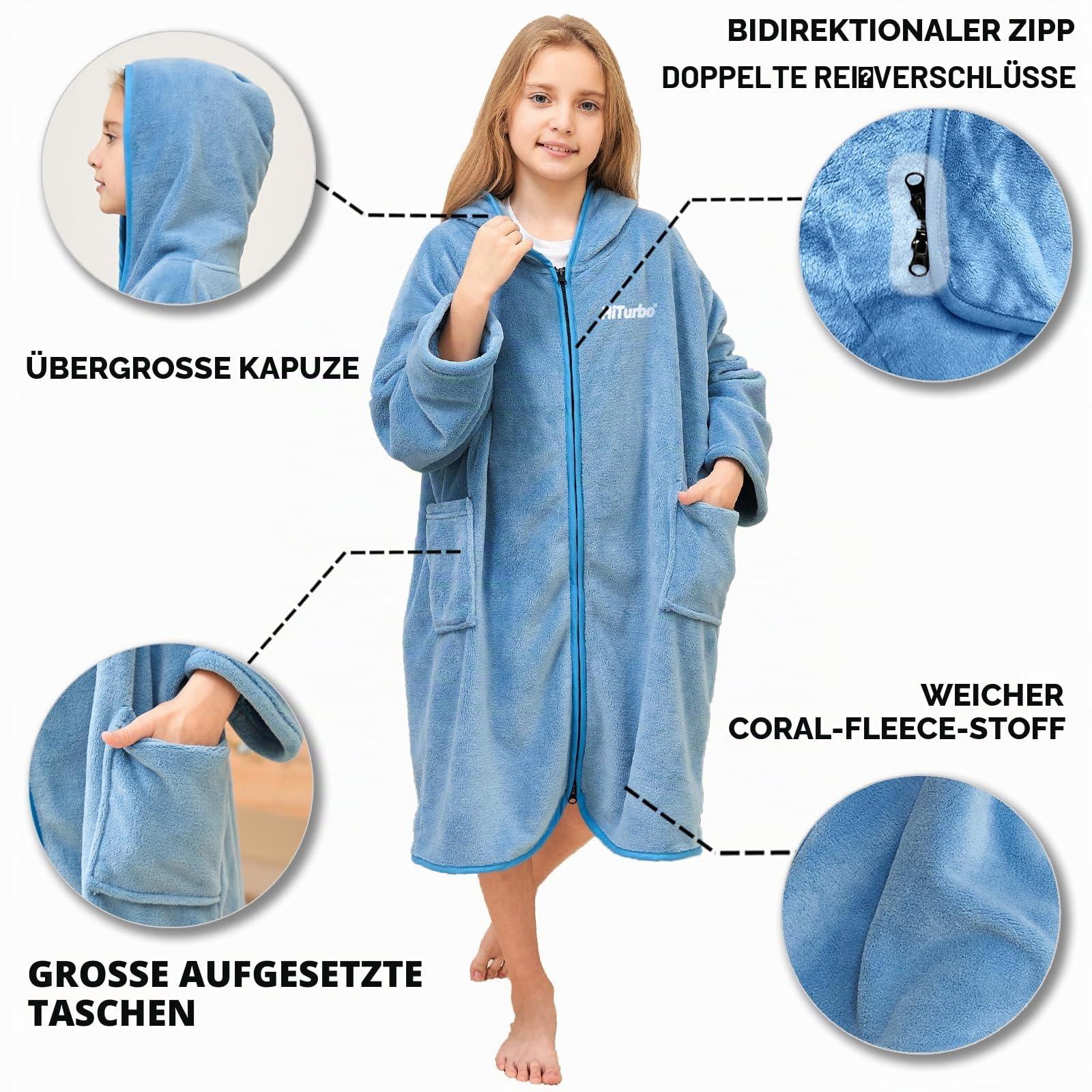 Hiturbo Kids Hooded Towel Robe: Changing Zipper Bath Robe Poncho Towelling for Swimming Beach Surfing Home