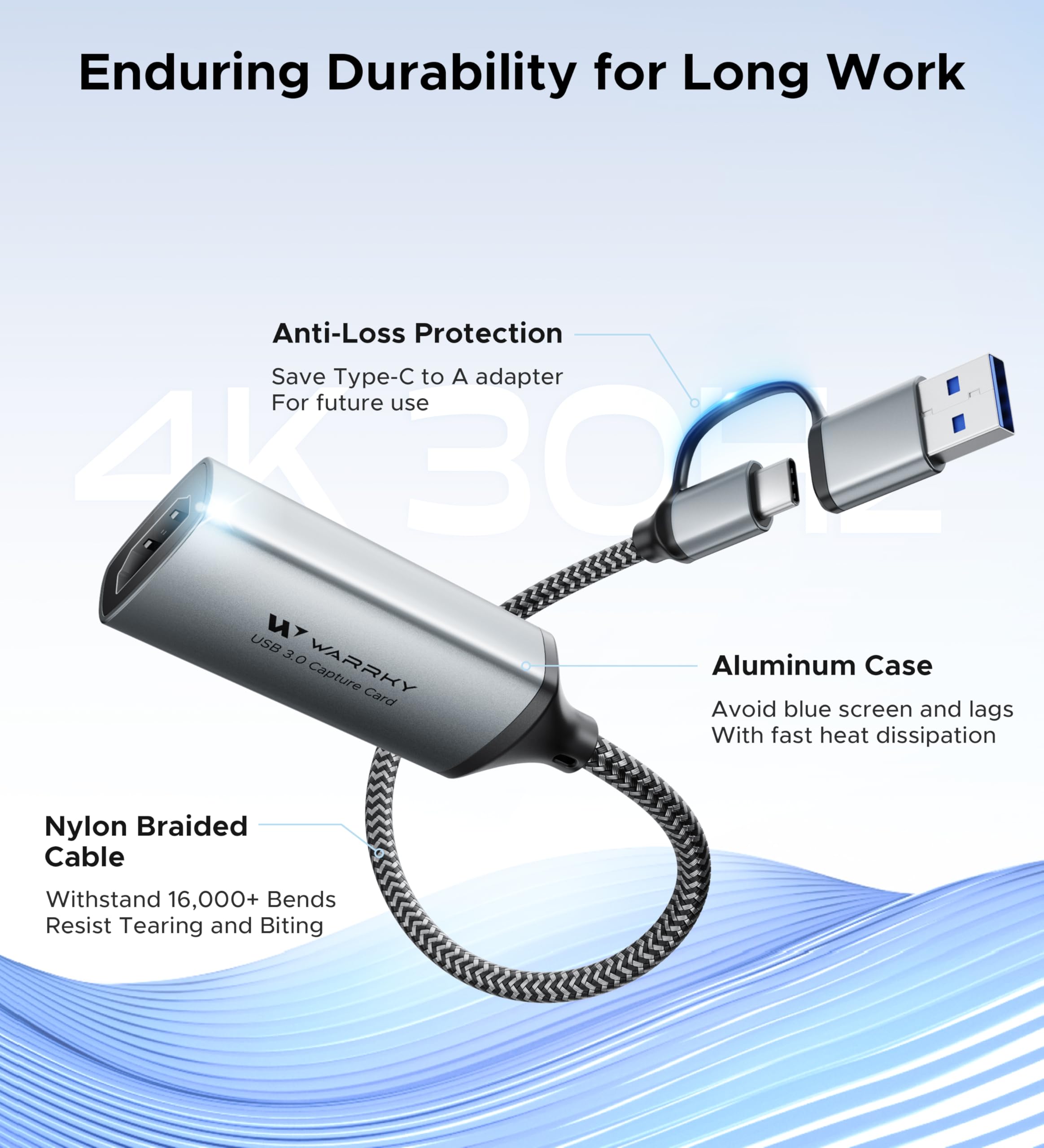 WARRKY USB 3.0 Video-Capture-Karte, 1080P 60FPS HDMI auf Typ C/USB A Capture Card für Aufnahme und Streaming [Nylon geflochtenes Kabel, Aluminiumgehäuse] für Windows/MacOS/PC, Switch, Xbox, PS4 und 5