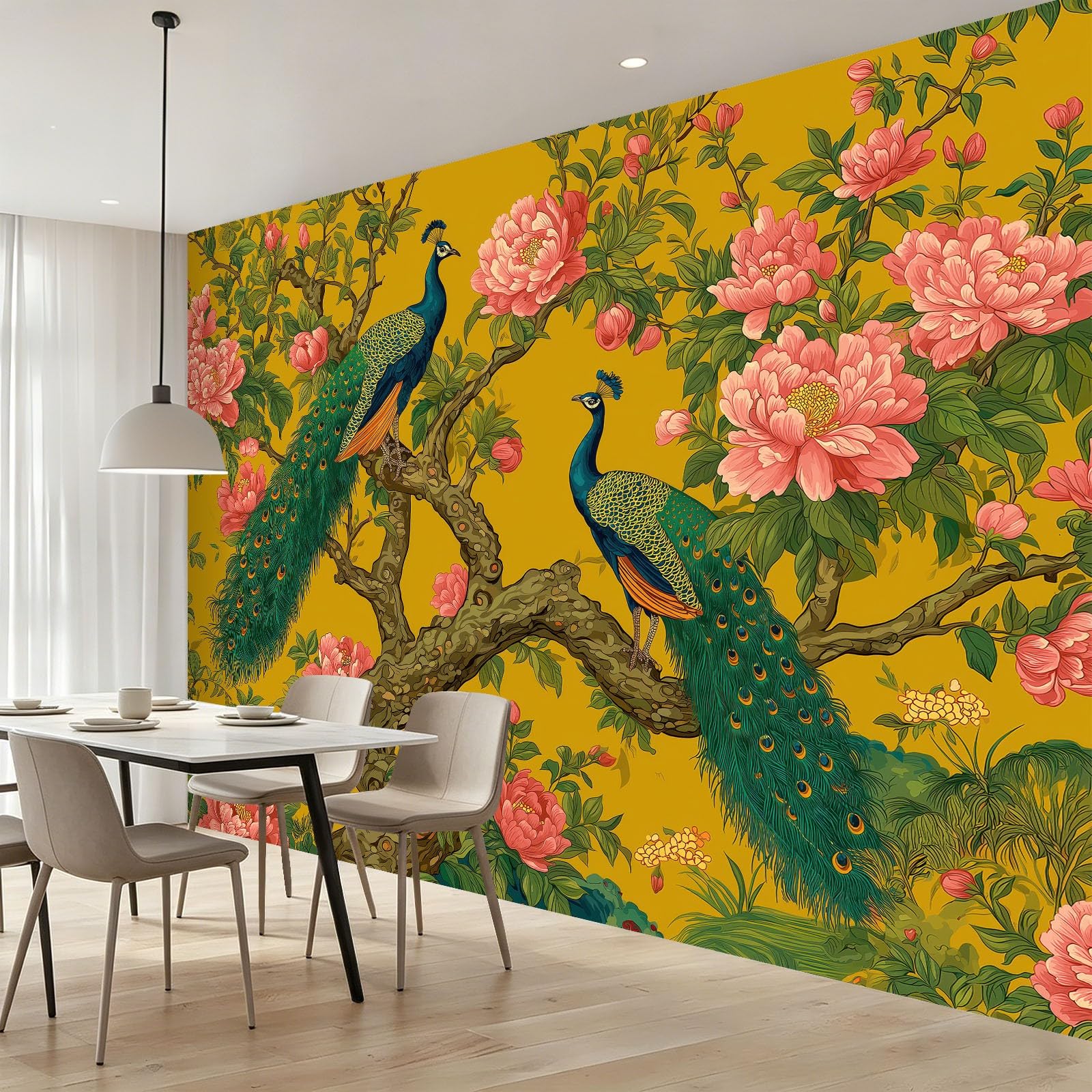 Fresque murale intissée 350x256 paon oriental vert et jaune pour la décoration du salon
