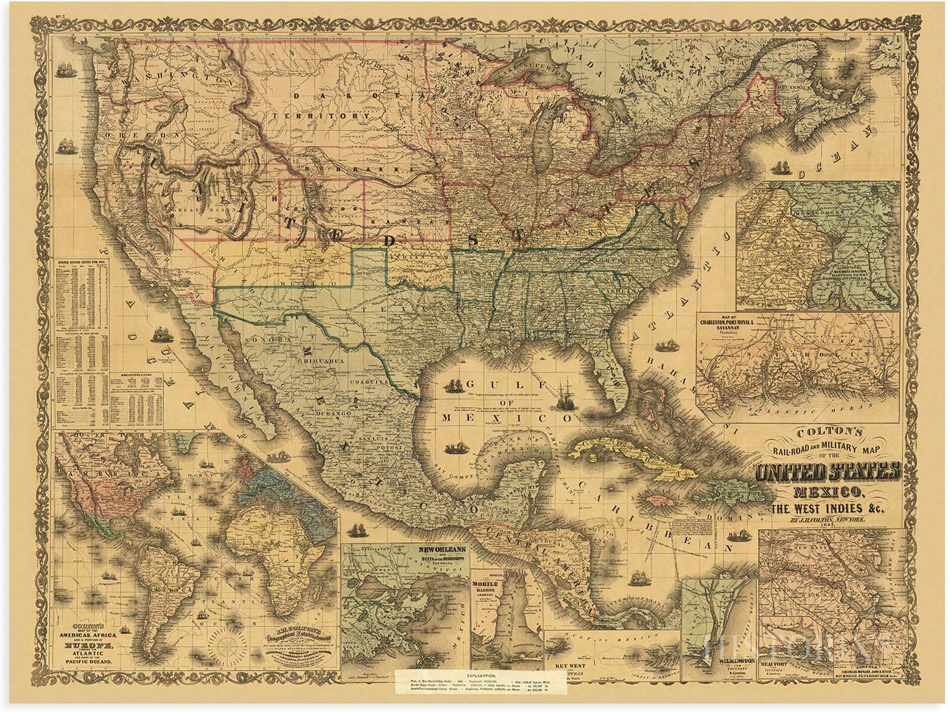 HISTORIX Vintage 1862 United States Railroad & Military Map – 18x24 Inch Civil War Era Poster Featuring USA, Mexico & West Indies – Historical Wall Art for US History Lovers (2 Sizes)