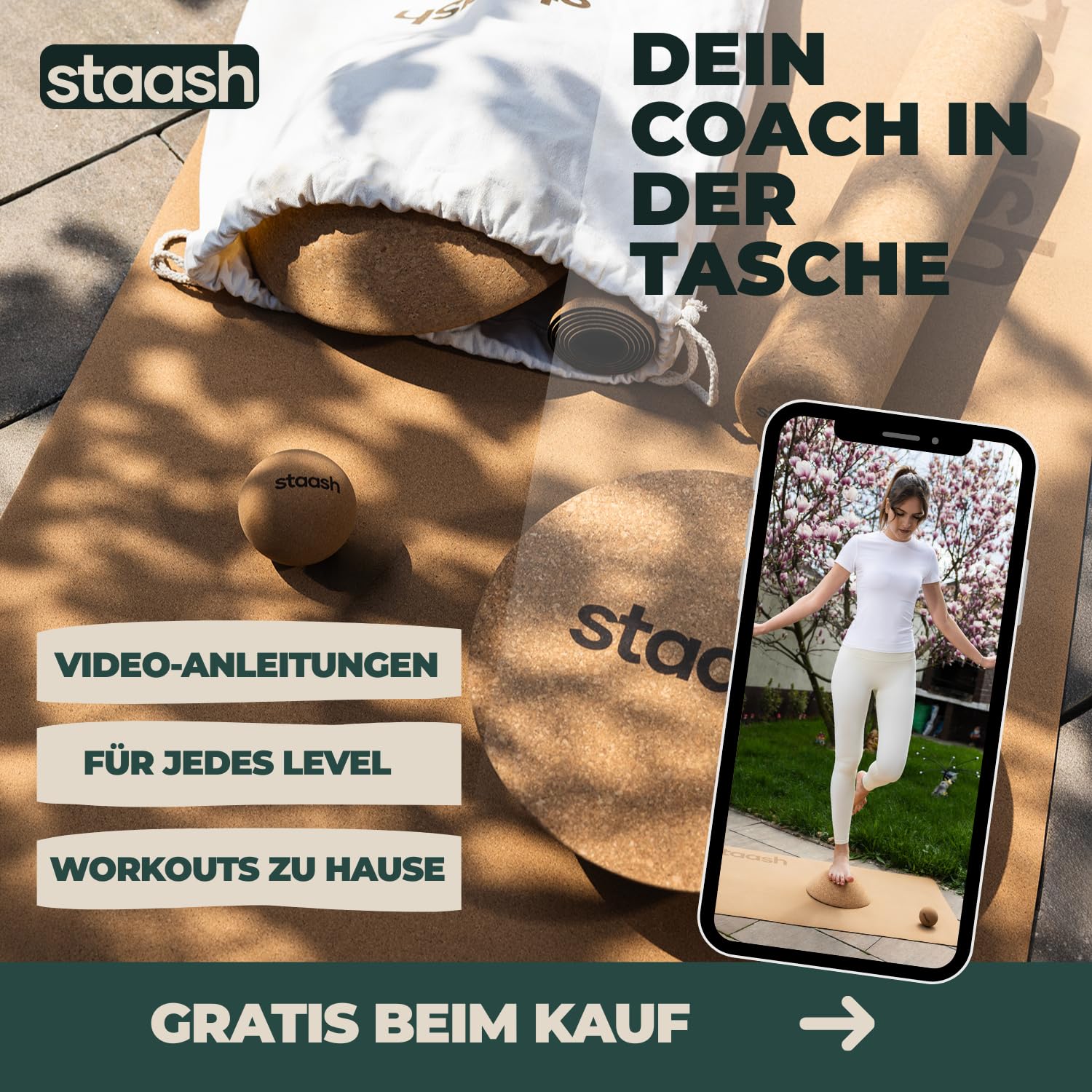 STAASH® Kork-Halbkugel – Balance Trainer Ø30 cm aus Naturkork – Für Yoga, Reha, Fitness & Boardsport – Optional mit Tragebeutel, Antirutschmatte & Massageball – Umweltfreundlich